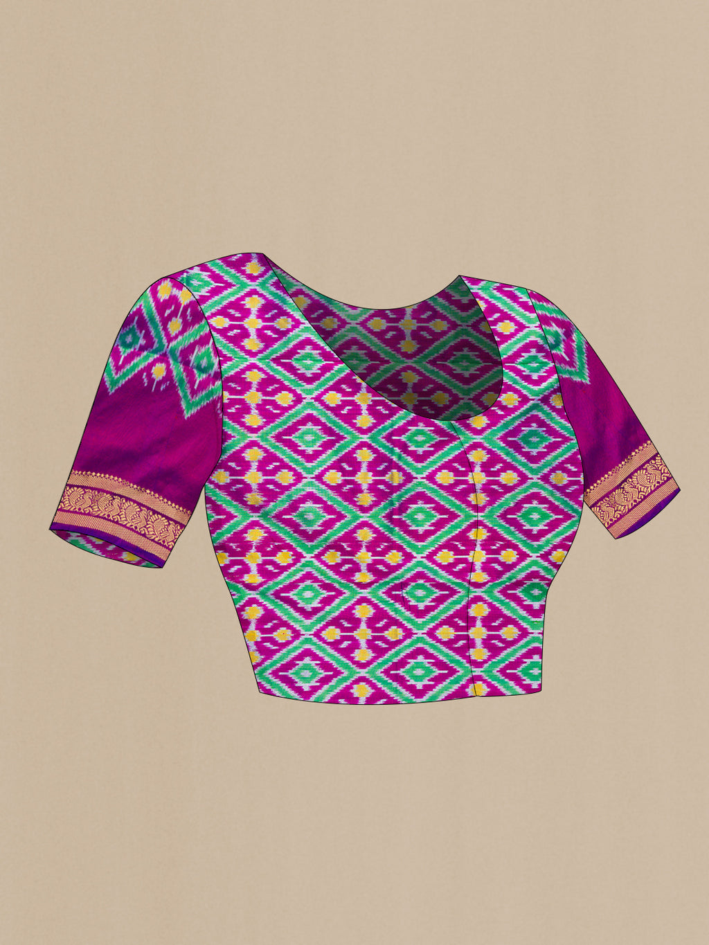 Close up image of the blouse of Sandal Dual Tone Double Ikat Saree with Plain Body and Zari Border. 
