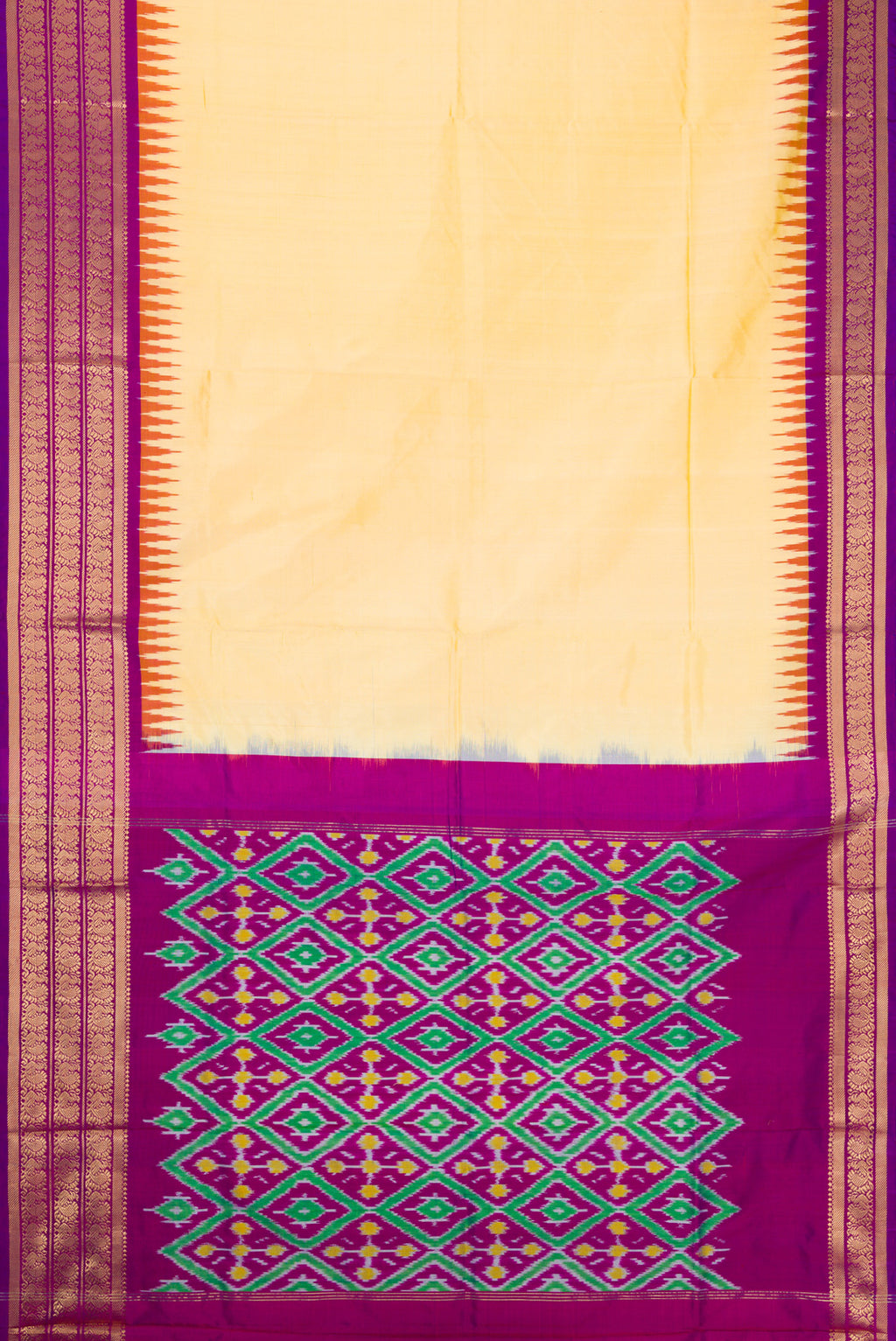 Flat view of Sandal Dual Tone Double Ikat Saree with Plain Body and Zari Border. 