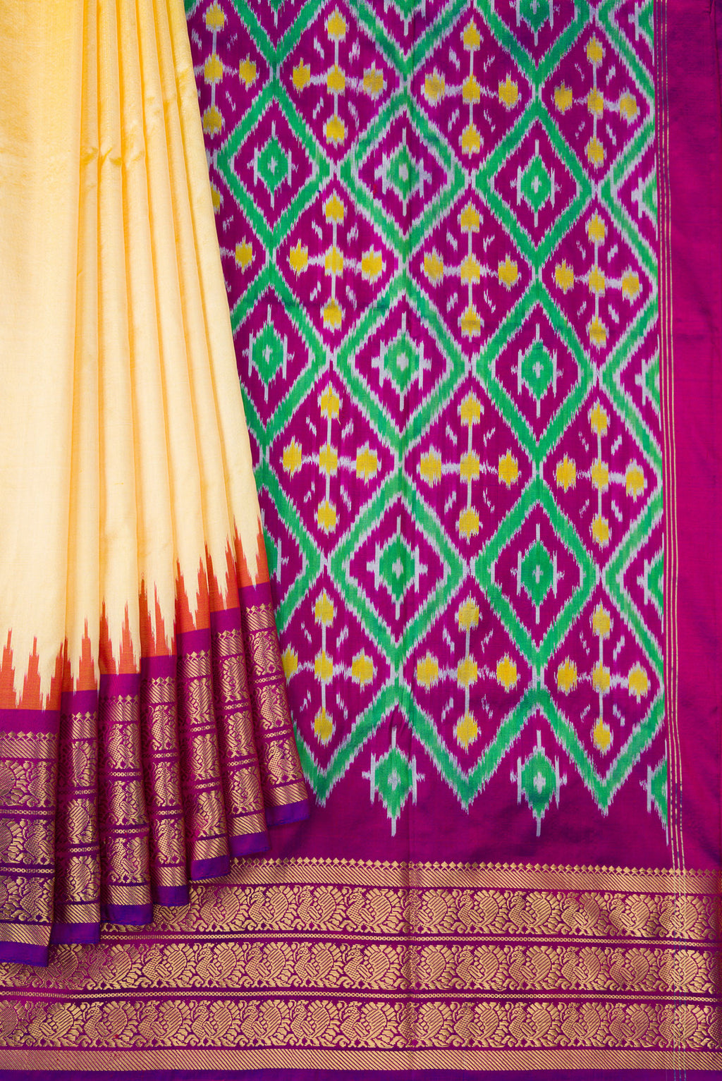 Pleats and pallu of Sandal Dual Tone Double Ikat Saree with Plain Body and Zari Border. 