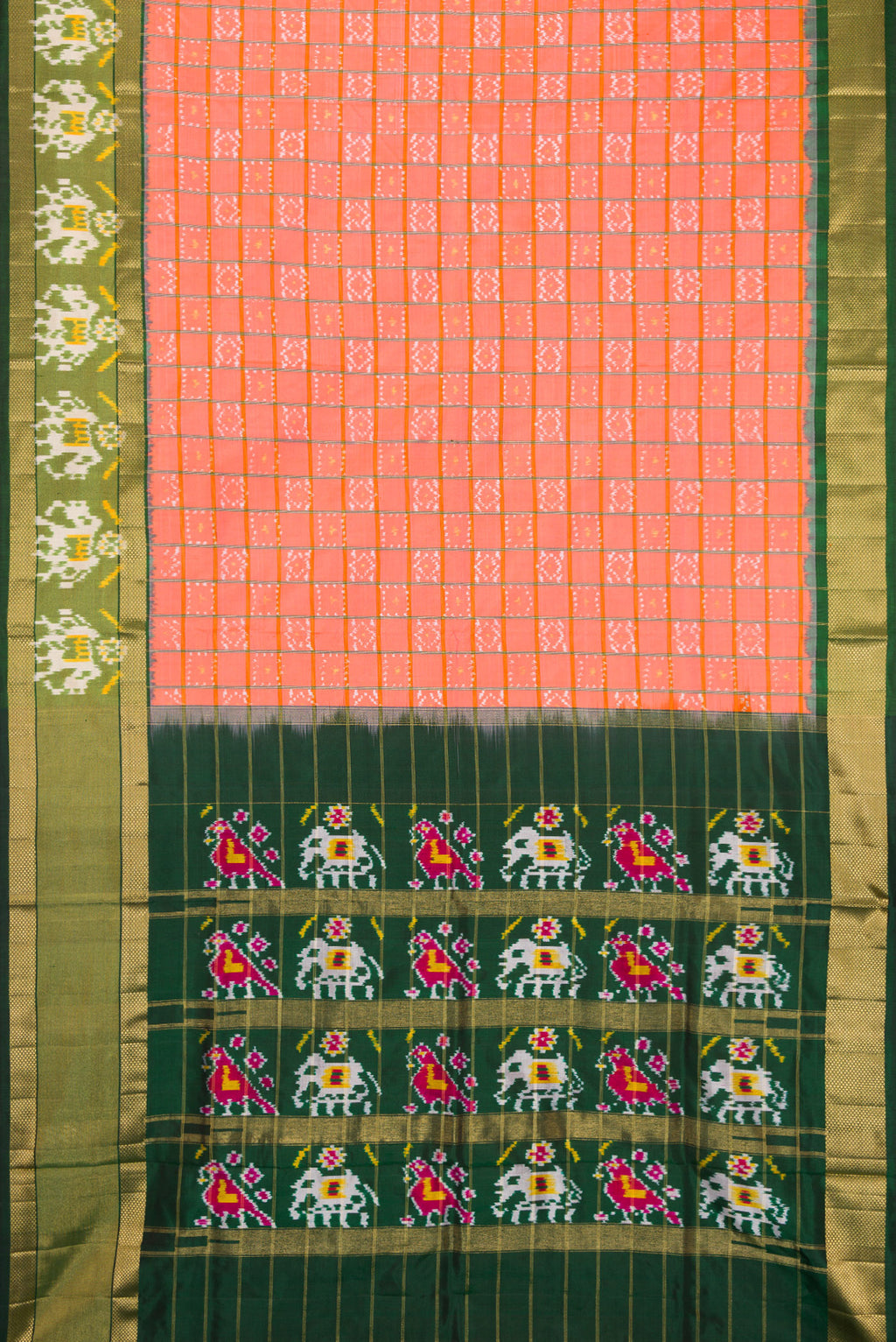 Flat view of Peach Dual Tone Double Ikat Saree with Ikat Print on the body and Ikat Border. 