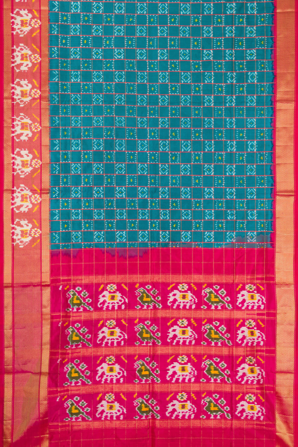 Flat view of Peacock Blue Dual Tone Double Ikat Saree with Ikat Print on the body and Ikat Border. 