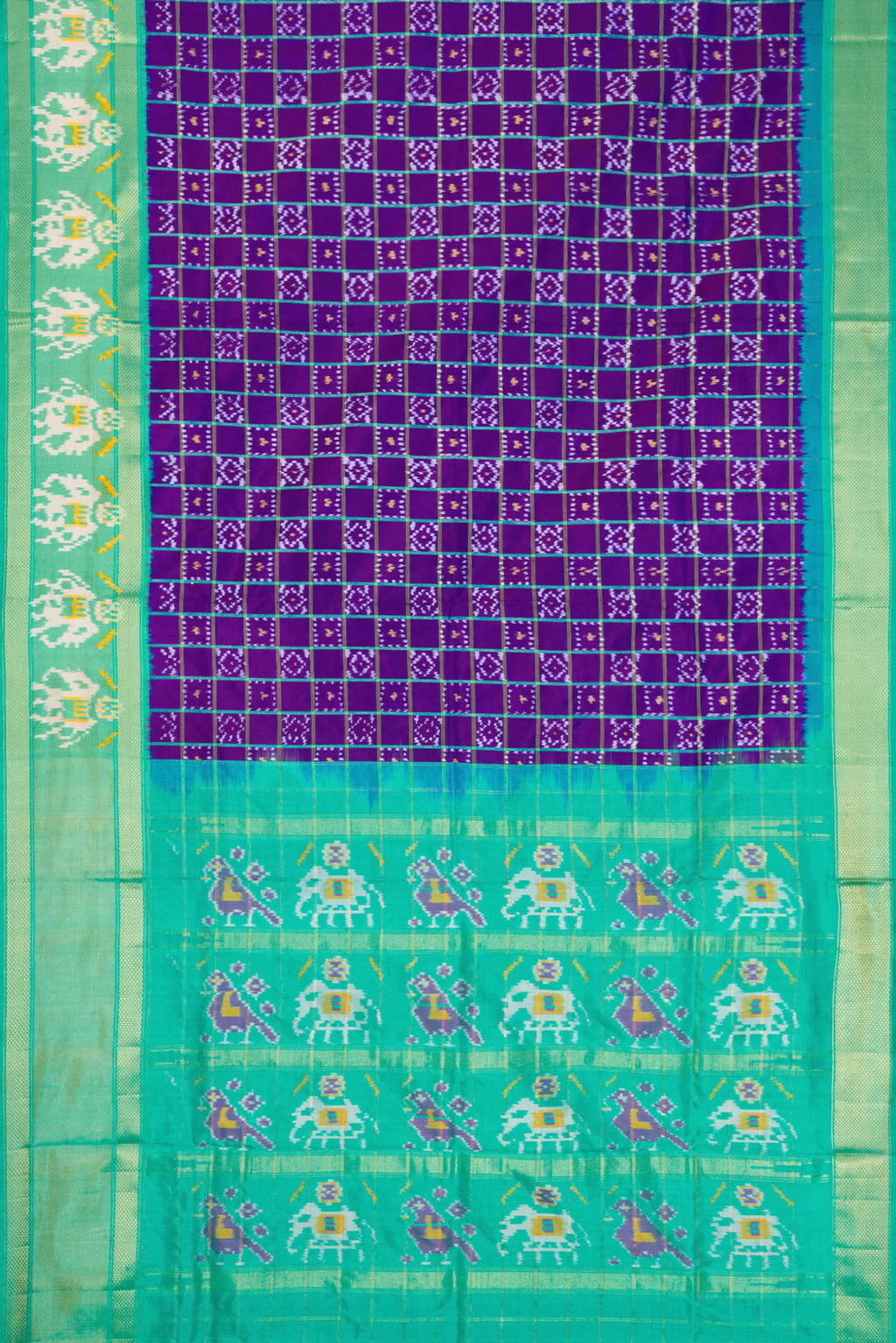 Flat view of Purple Dual Tone Double Ikat Saree with Ikat Print on the body and Ikat Border. 