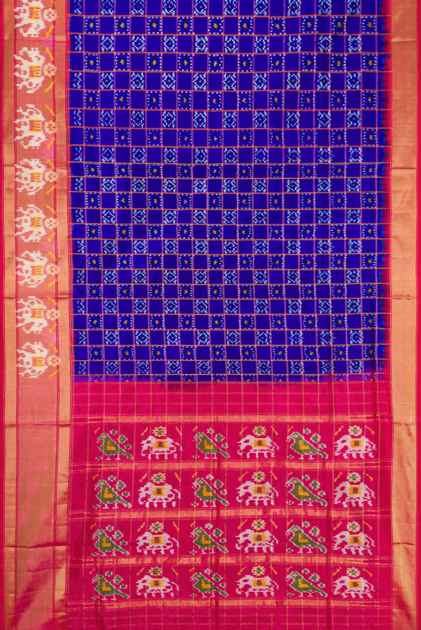 Flat view of Navy Blue Dual Tone Double Ikat Saree with Ikat Print on the body and Ikat Border. 