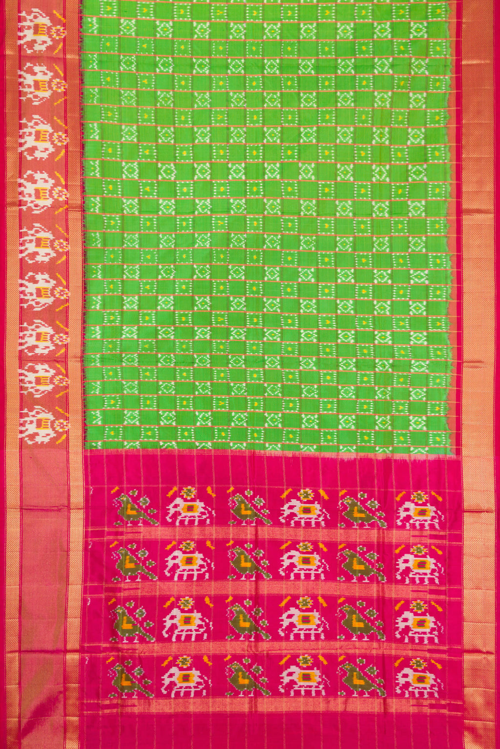 Flat view of Parrot Green Dual Tone Double Ikat Saree with Ikat Print on the body and Ikat Border. 