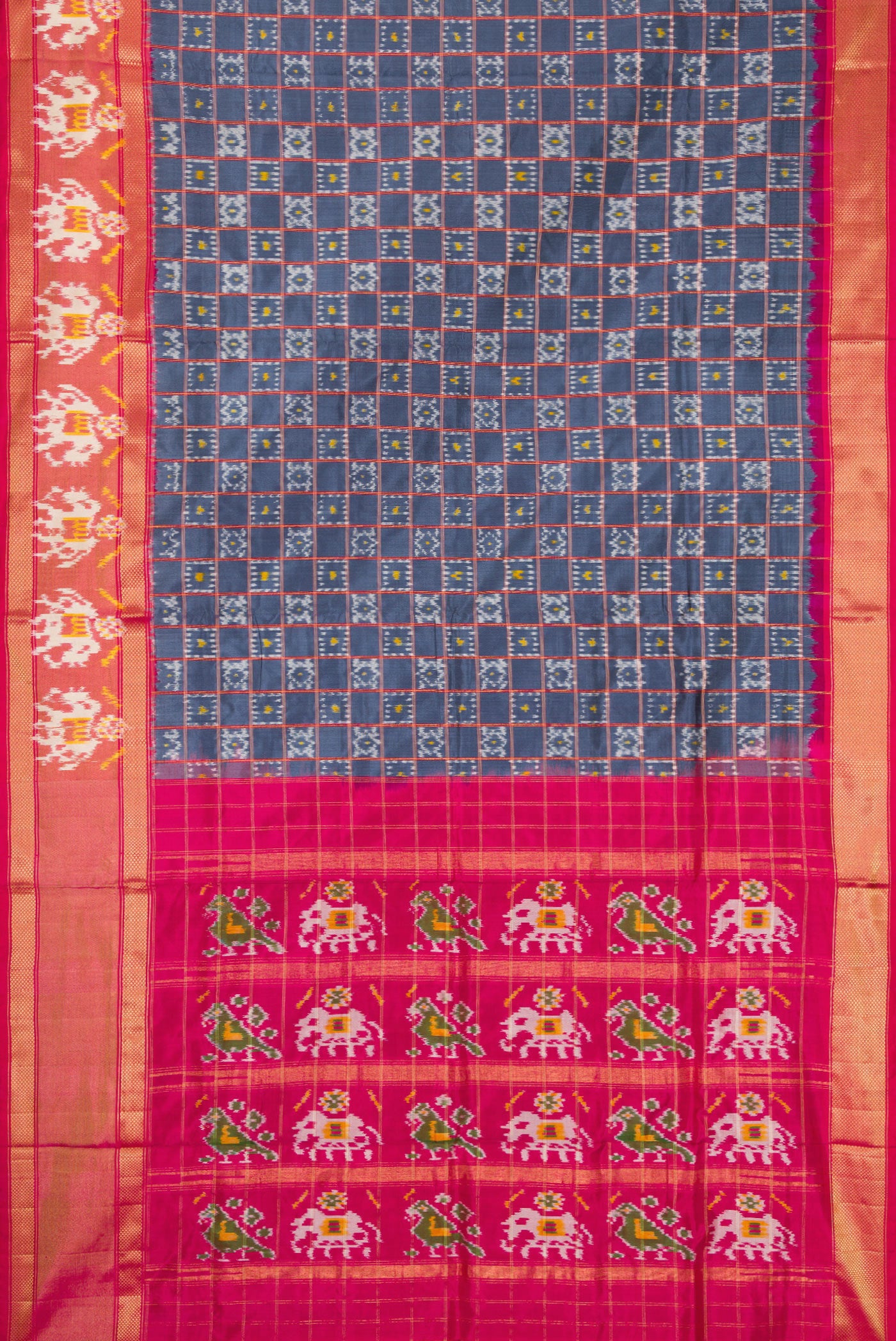 Flat view of Grey Dual Tone Double Ikat Saree with Ikat Print on the body and Ikat Border. 