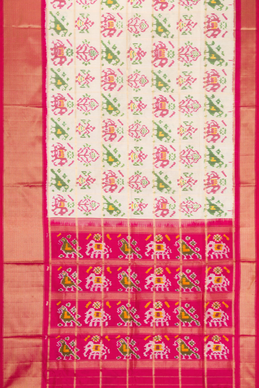 Flat view of Off White Dual Tone Double Ikat Saree with Ikat Print on the body and Zari Border. 