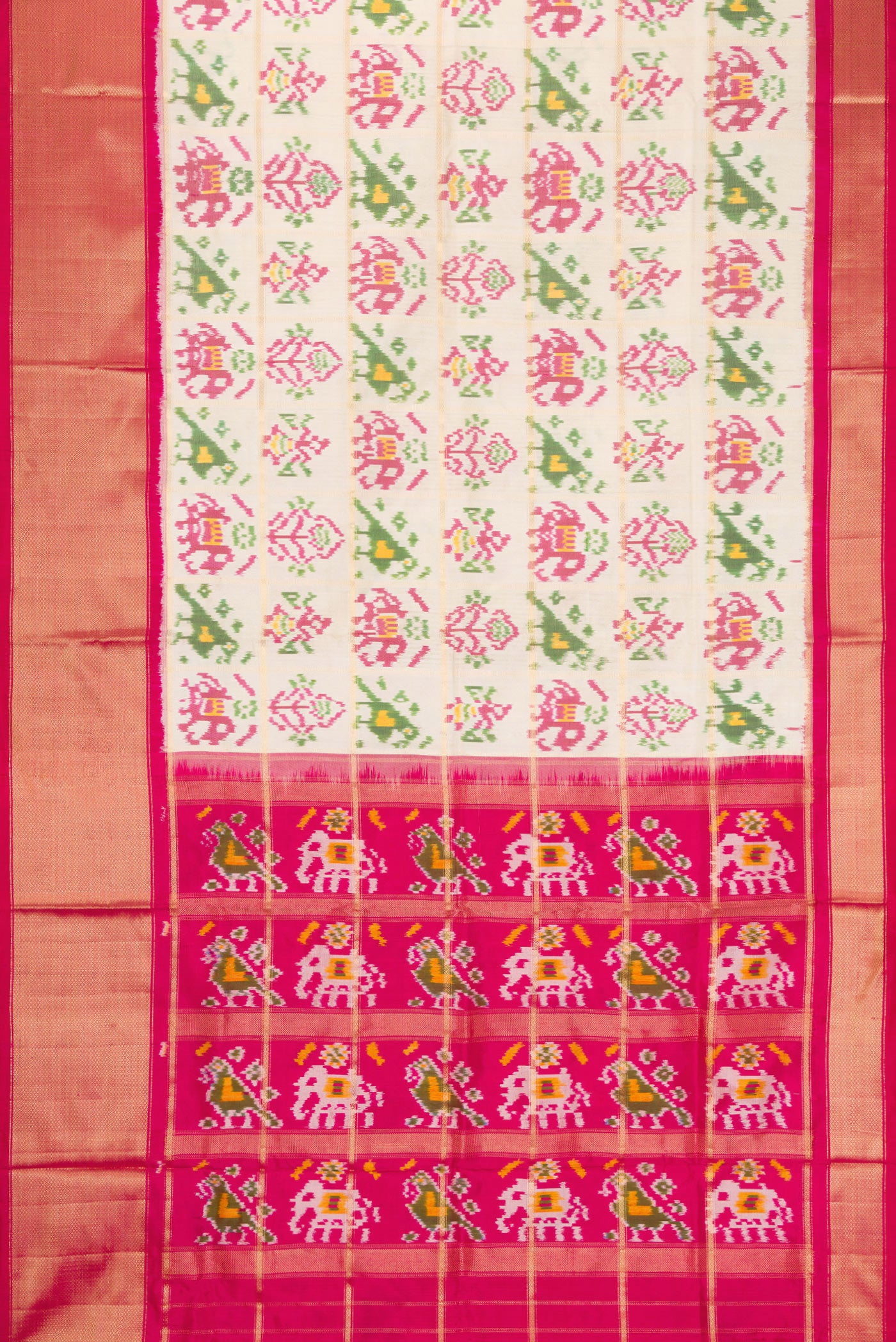 Flat view of Off White Dual Tone Double Ikat Saree with Ikat Print on the body and Zari Border. 