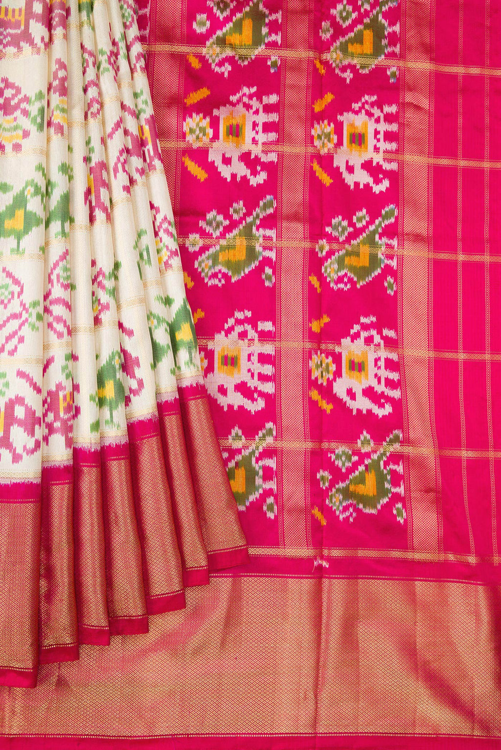 Pleats and pallu of Off White Dual Tone Double Ikat Saree with Ikat Print on the body and Zari Border. 