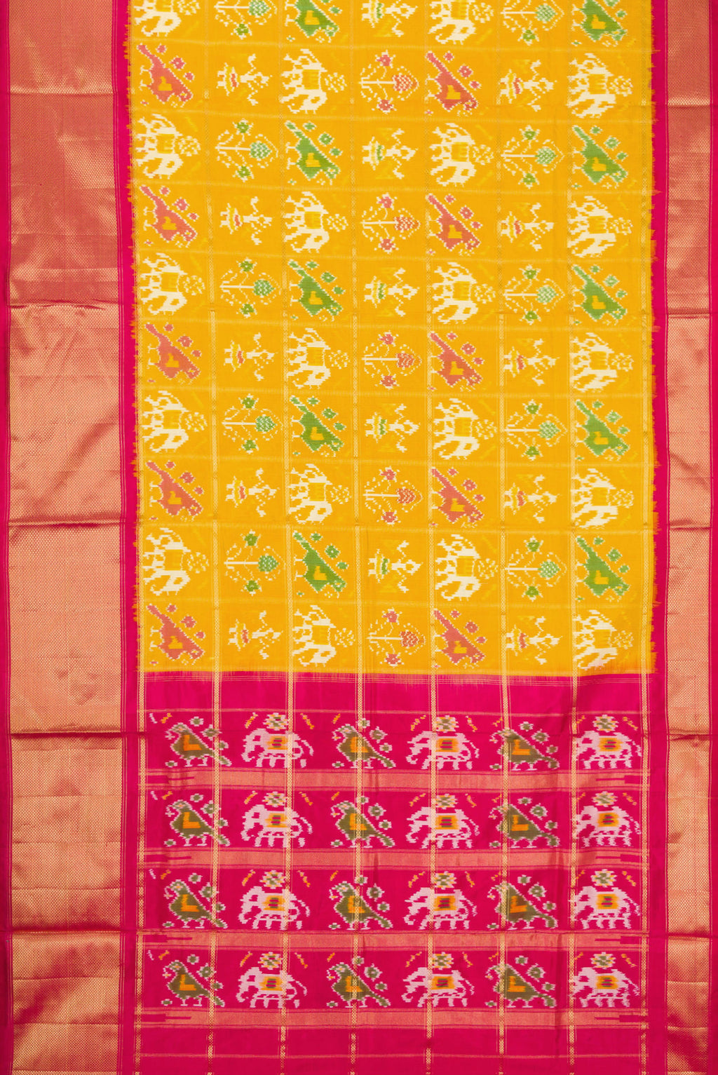 Flat view of Mustard Dual Tone Double Ikat Saree with Ikat Print on the body and Zari Border. 