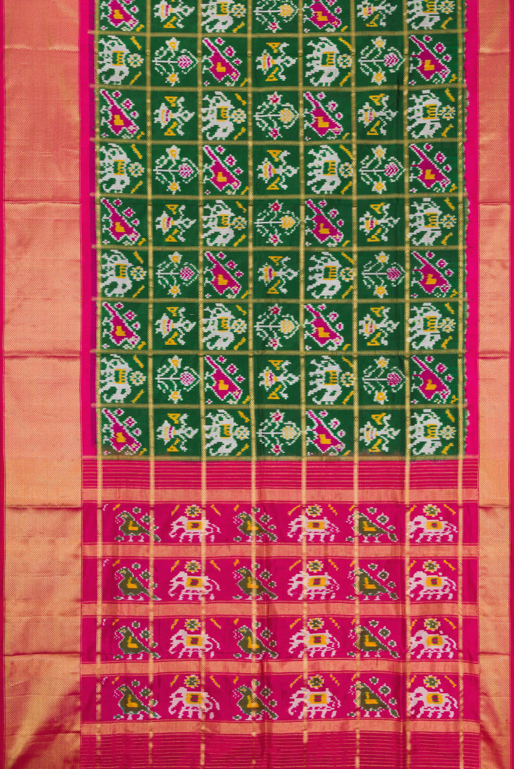 Flat view of Bottle Green Dual Tone Double Ikat Saree with Ikat Print on the body and Zari Border. 