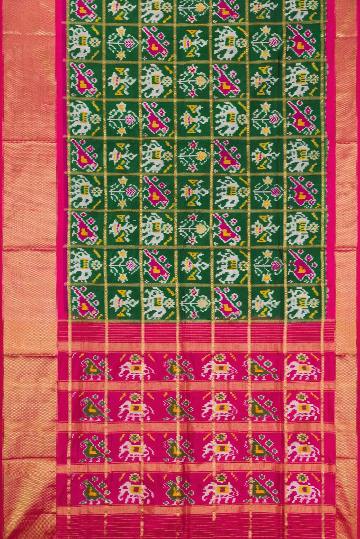 Flat view of Bottle Green Dual Tone Double Ikat Saree with Ikat Print on the body and Zari Border. 