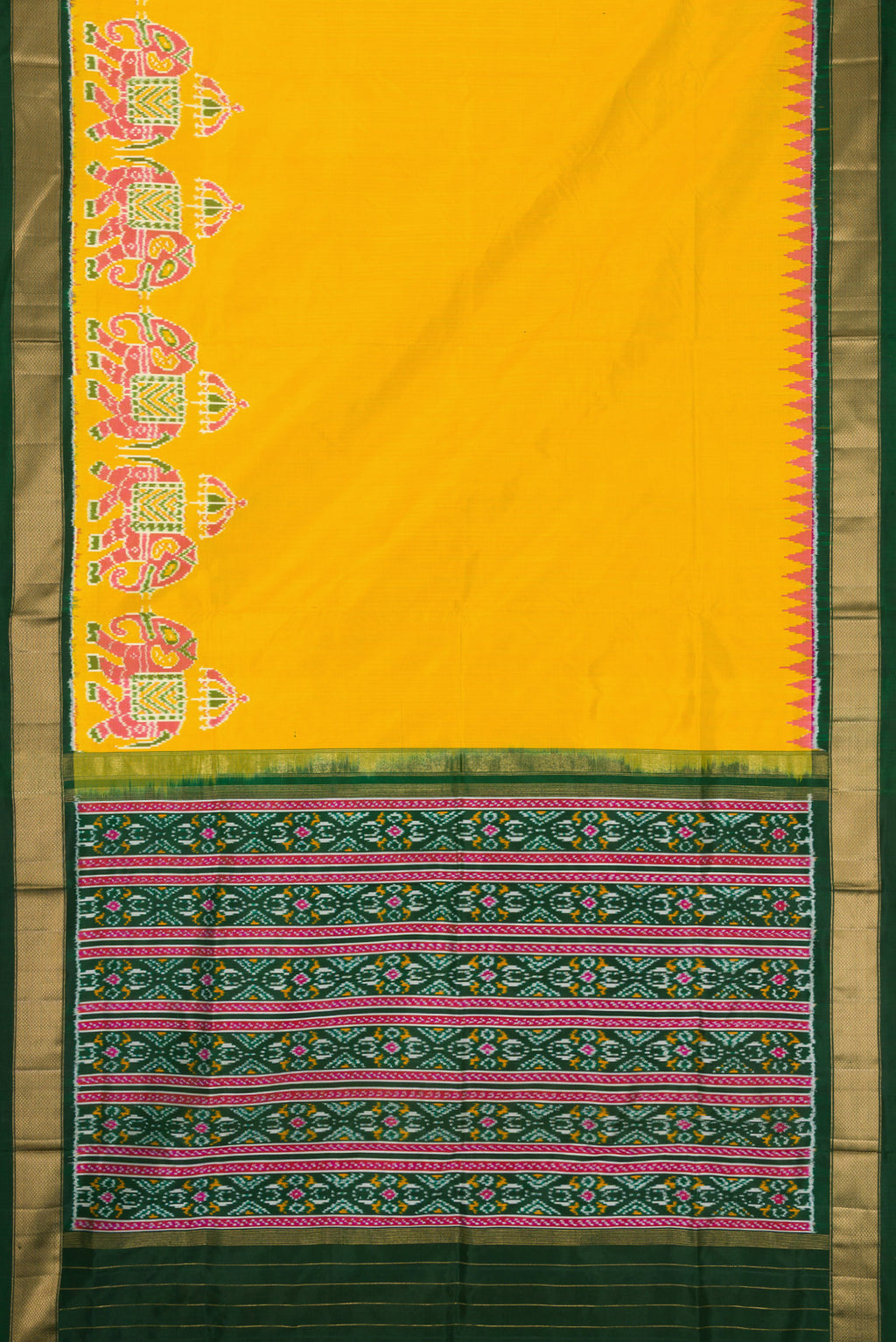 Flat view of Yellow Dual Tone Double Ikat Saree with Plain Body and Zari Border. 