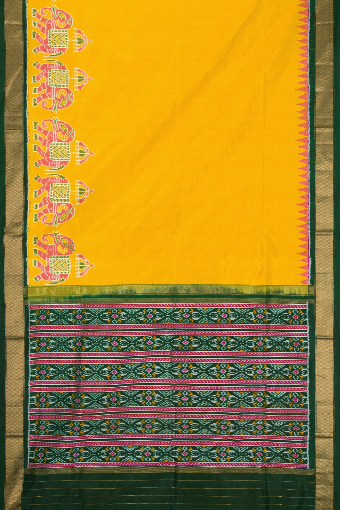 Flat view of Yellow Dual Tone Double Ikat Saree with Plain Body and Zari Border. 