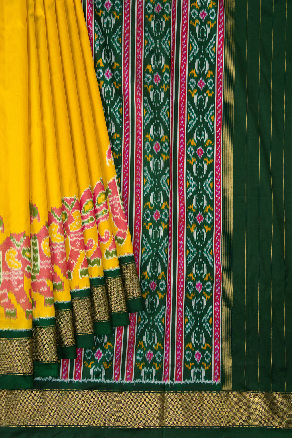 Pleats and pallu of Yellow Dual Tone Double Ikat Saree with Plain Body and Zari Border. 