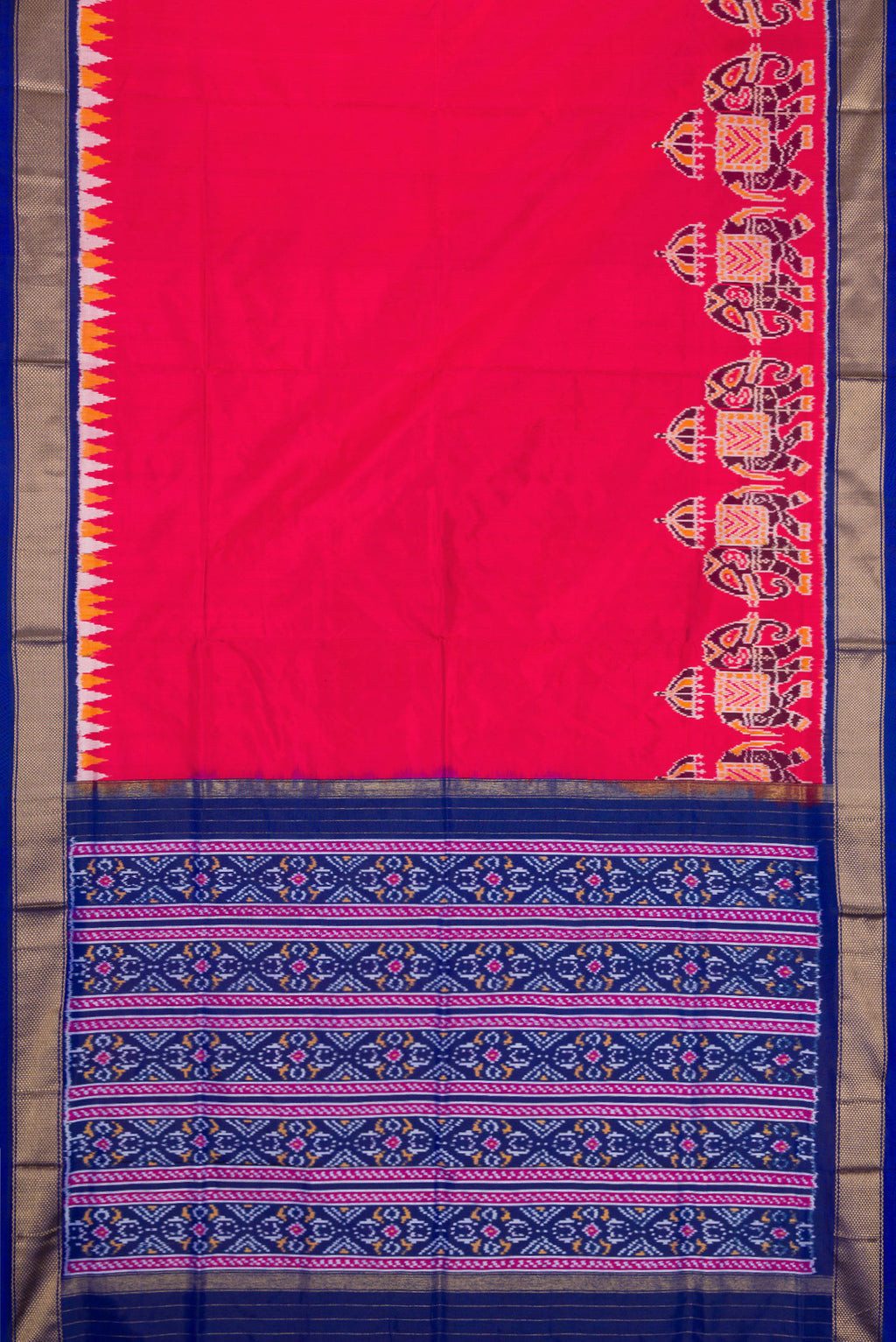 Flat view of Pink Dual Tone Double Ikat Saree with Plain Body and Zari Border. 
