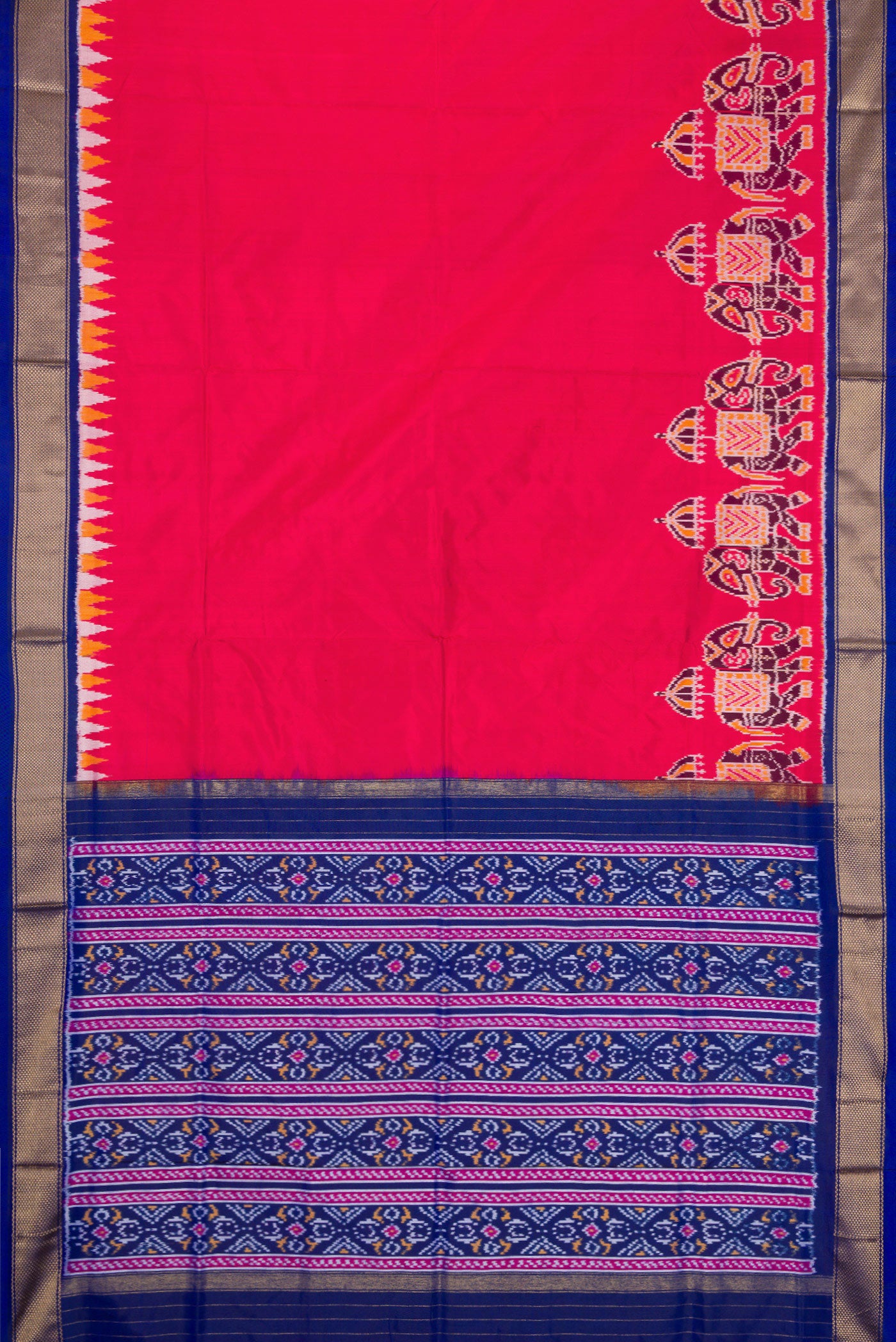 Flat view of Pink Dual Tone Double Ikat Saree with Plain Body and Zari Border. 