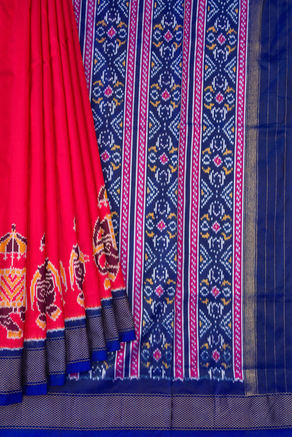 Pleats and pallu of Pink Dual Tone Double Ikat Saree with Plain Body and Zari Border. 