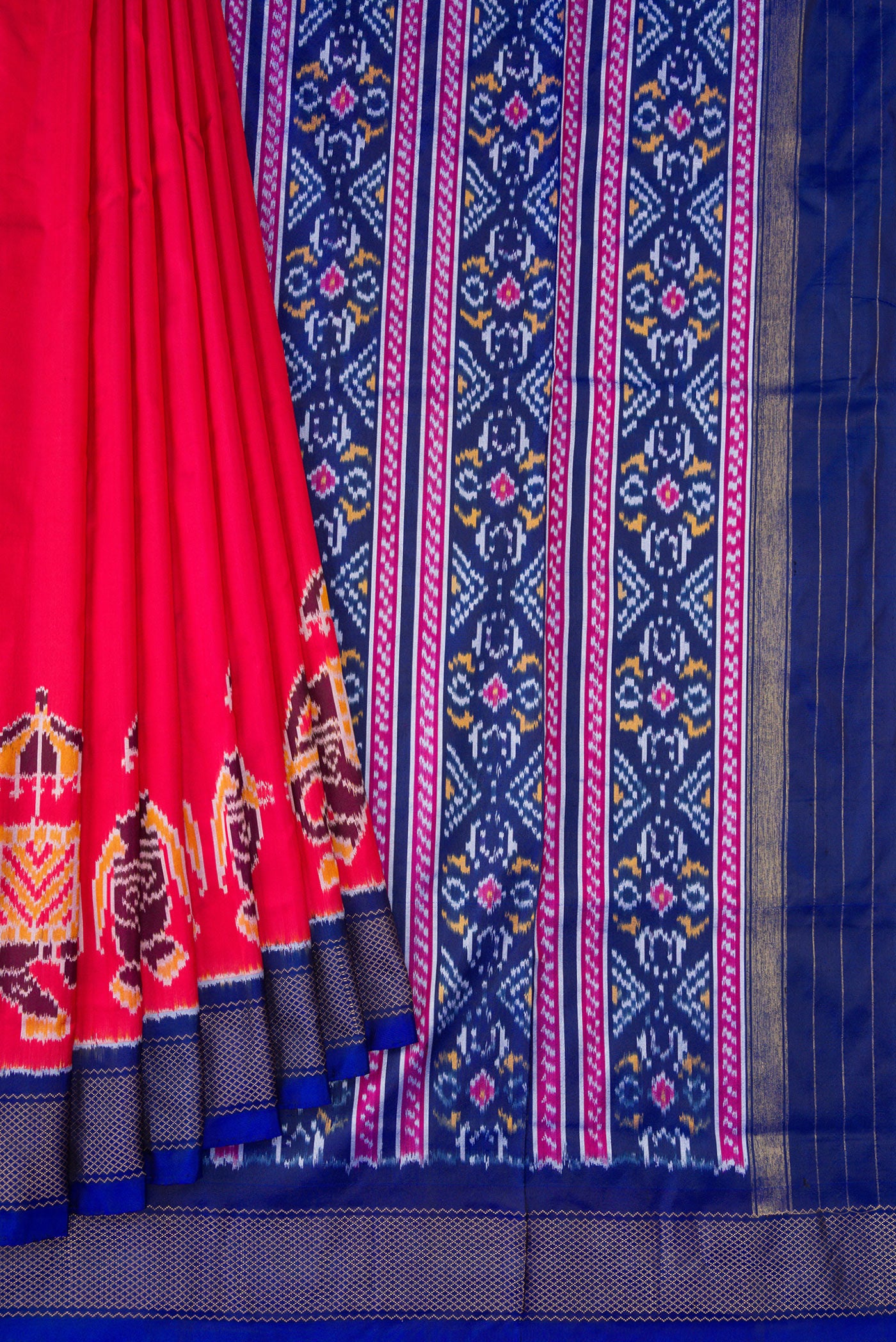 Pleats and pallu of Pink Dual Tone Double Ikat Saree with Plain Body and Zari Border. 