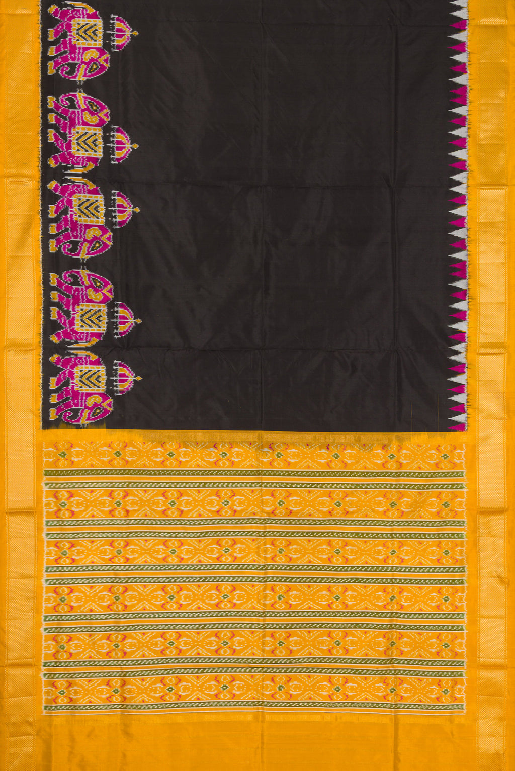 Flat view of Black Dual Tone Double Ikat Saree with Plain Body and Zari Border. 