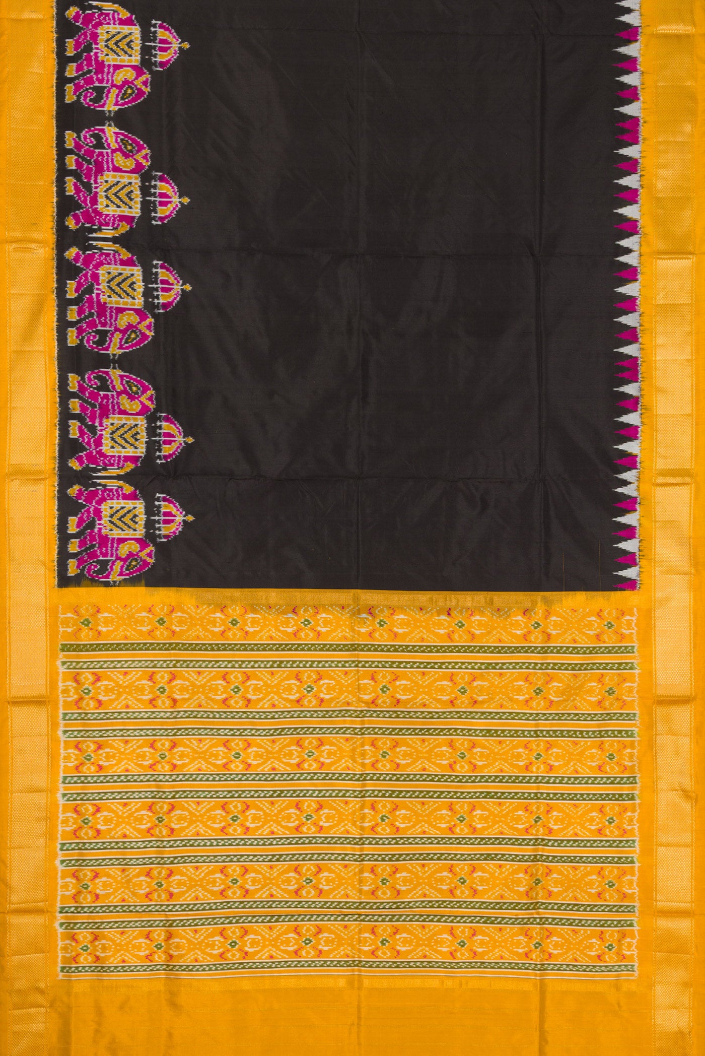 Flat view of Black Dual Tone Double Ikat Saree with Plain Body and Zari Border. 
