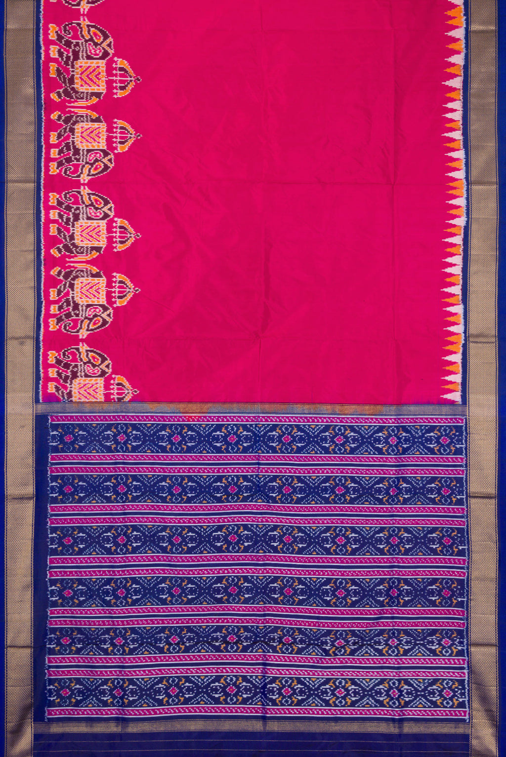 Flat view of Dark Pink Dual Tone Double Ikat Saree with Plain Body and Fancy Border. 