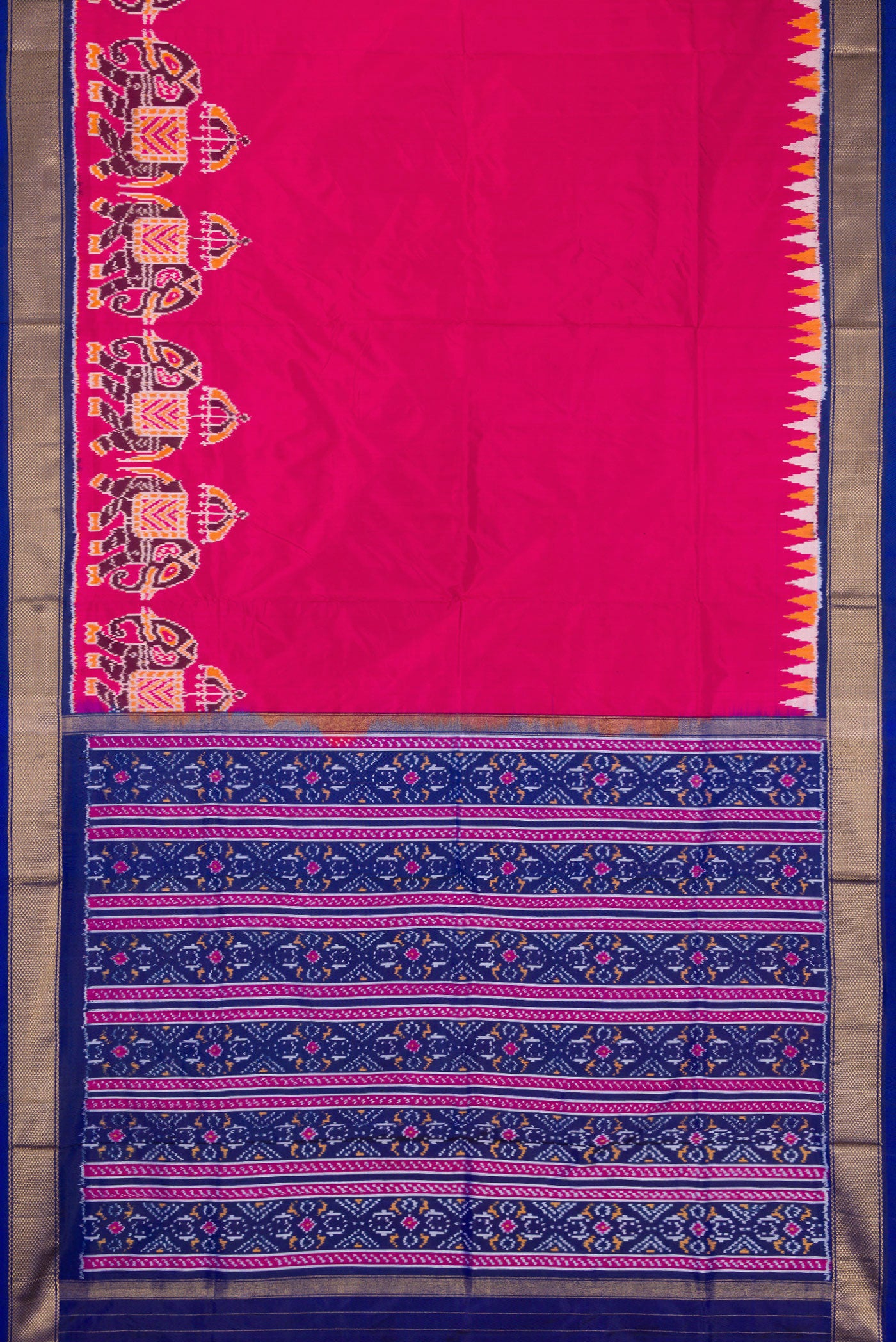 Flat view of Dark Pink Dual Tone Double Ikat Saree with Plain Body and Fancy Border. 