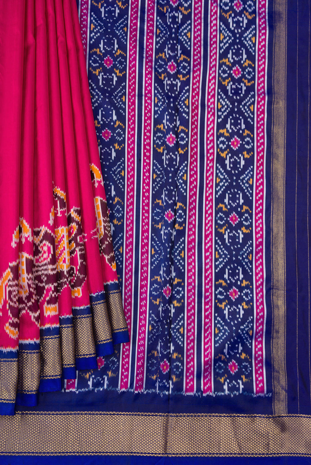 Pleats and pallu of Dark Pink Dual Tone Double Ikat Saree with Plain Body and Fancy Border. 