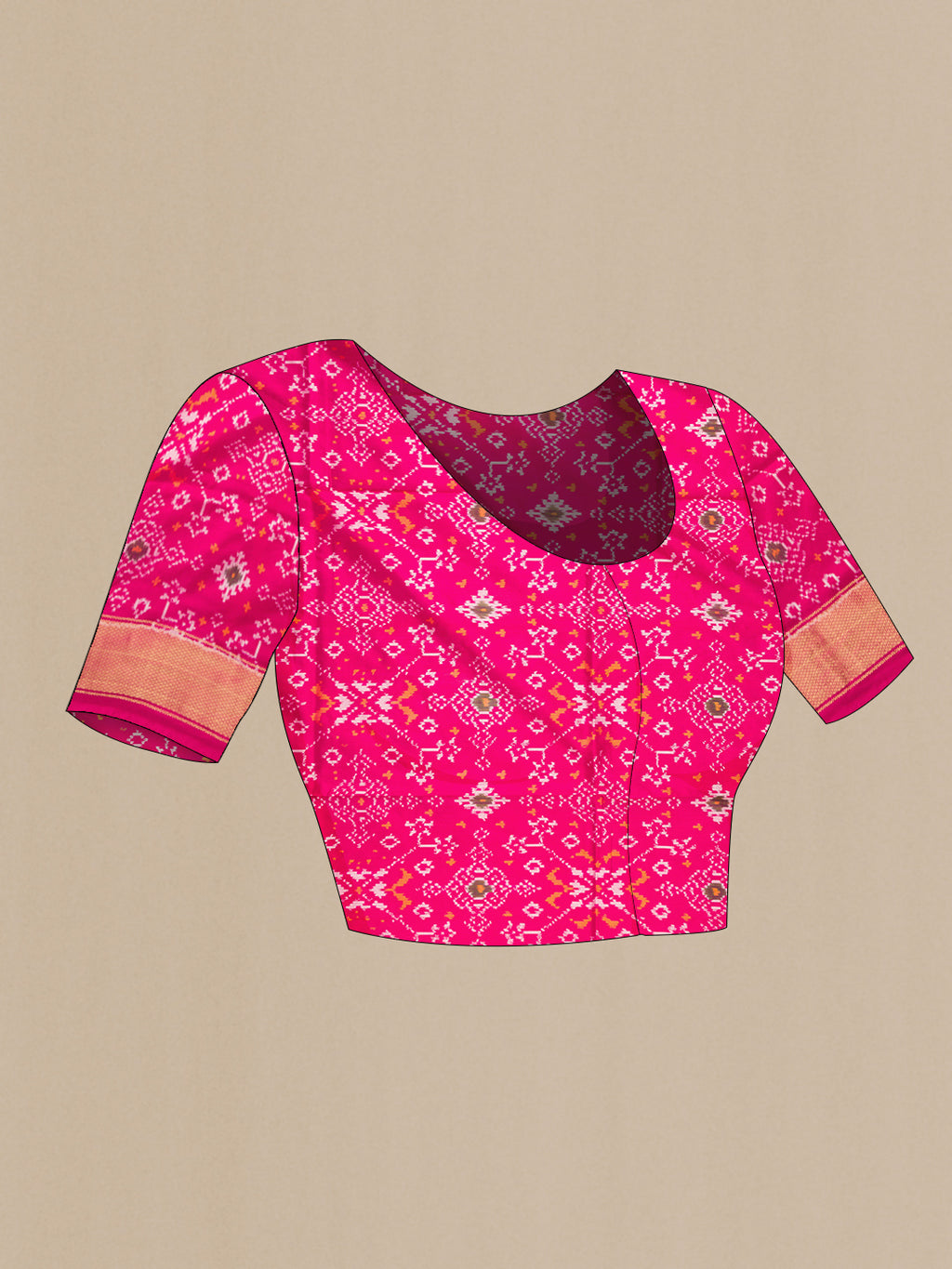 Close up image of the blouse of Coral Dual Tone Double Ikat Saree with Ikat Print on the body and Fancy Border. 