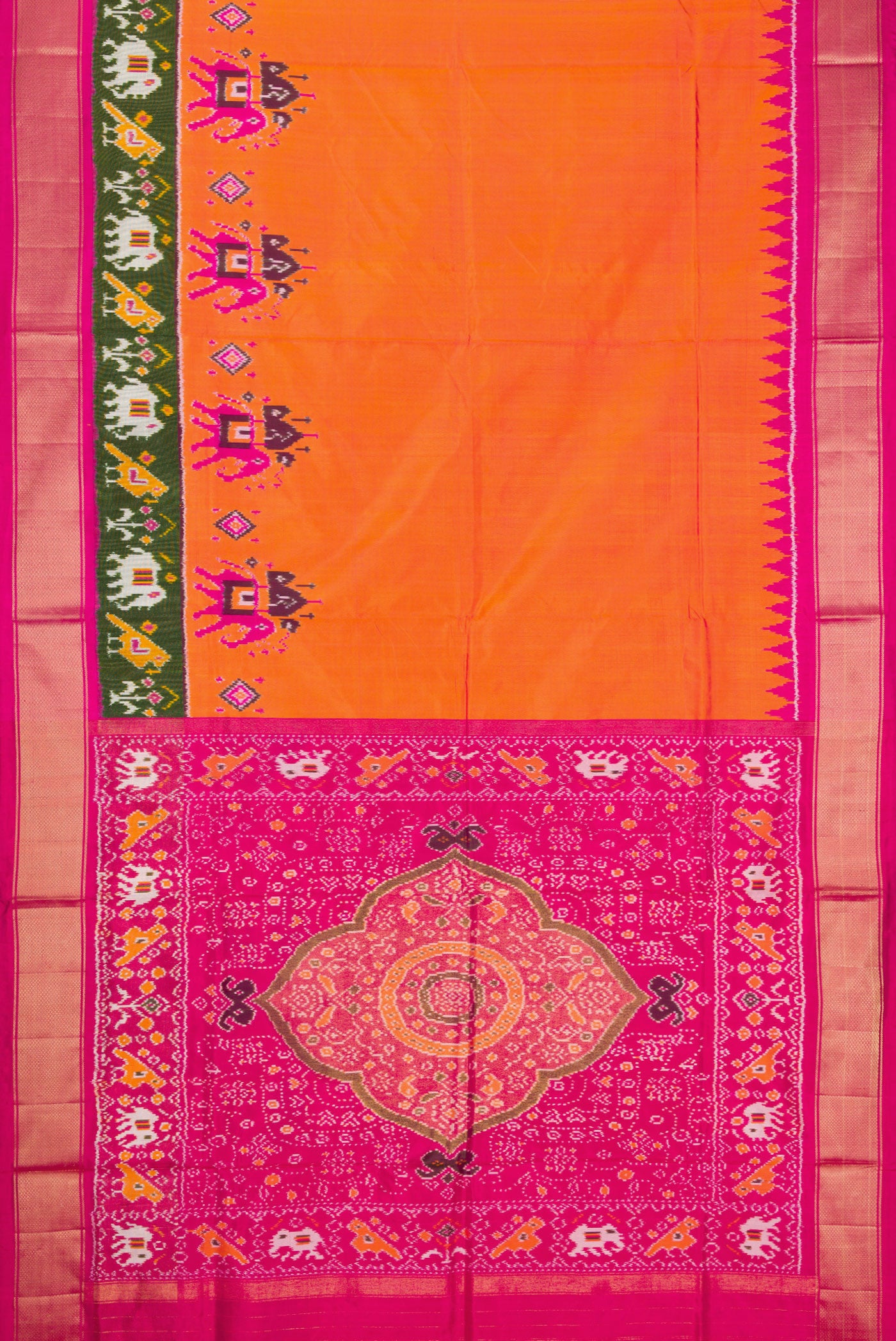 Flat view of Coral Dual Tone Double Ikat Saree with Ikat Print on the body and Fancy Border. 