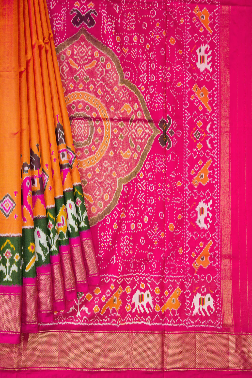 Pleats and pallu of Coral Dual Tone Double Ikat Saree with Ikat Print on the body and Fancy Border. 