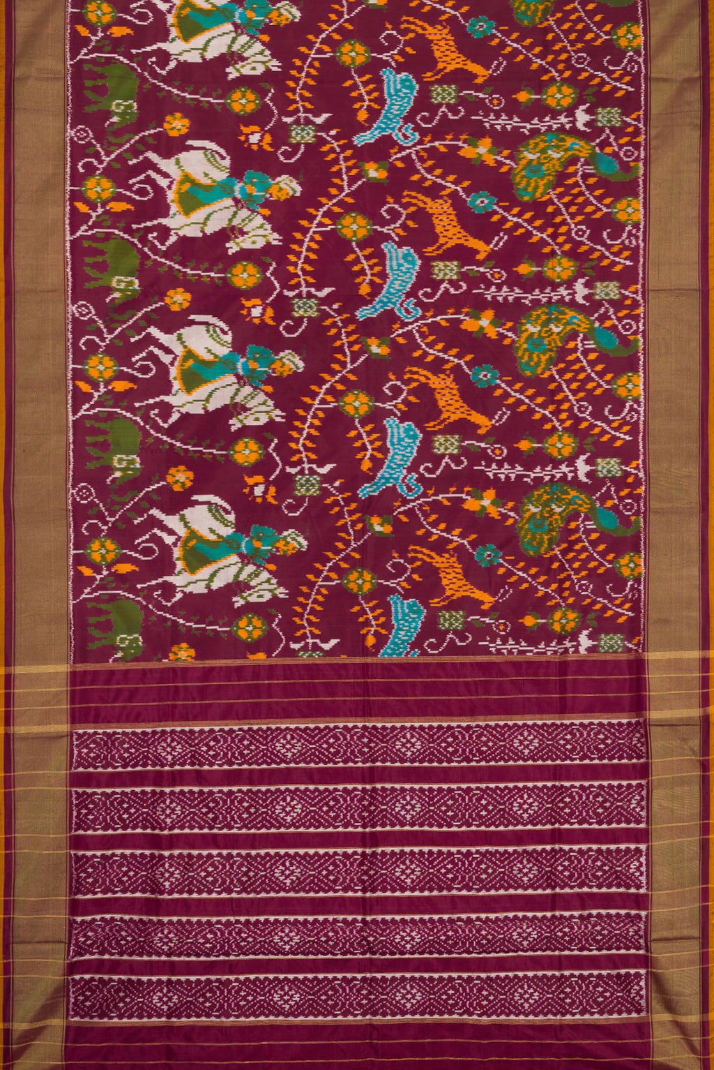 Flat view of Coffee Brown Dual Tone Double Ikat Saree with Ikat Print on the body and Zari Border. 
