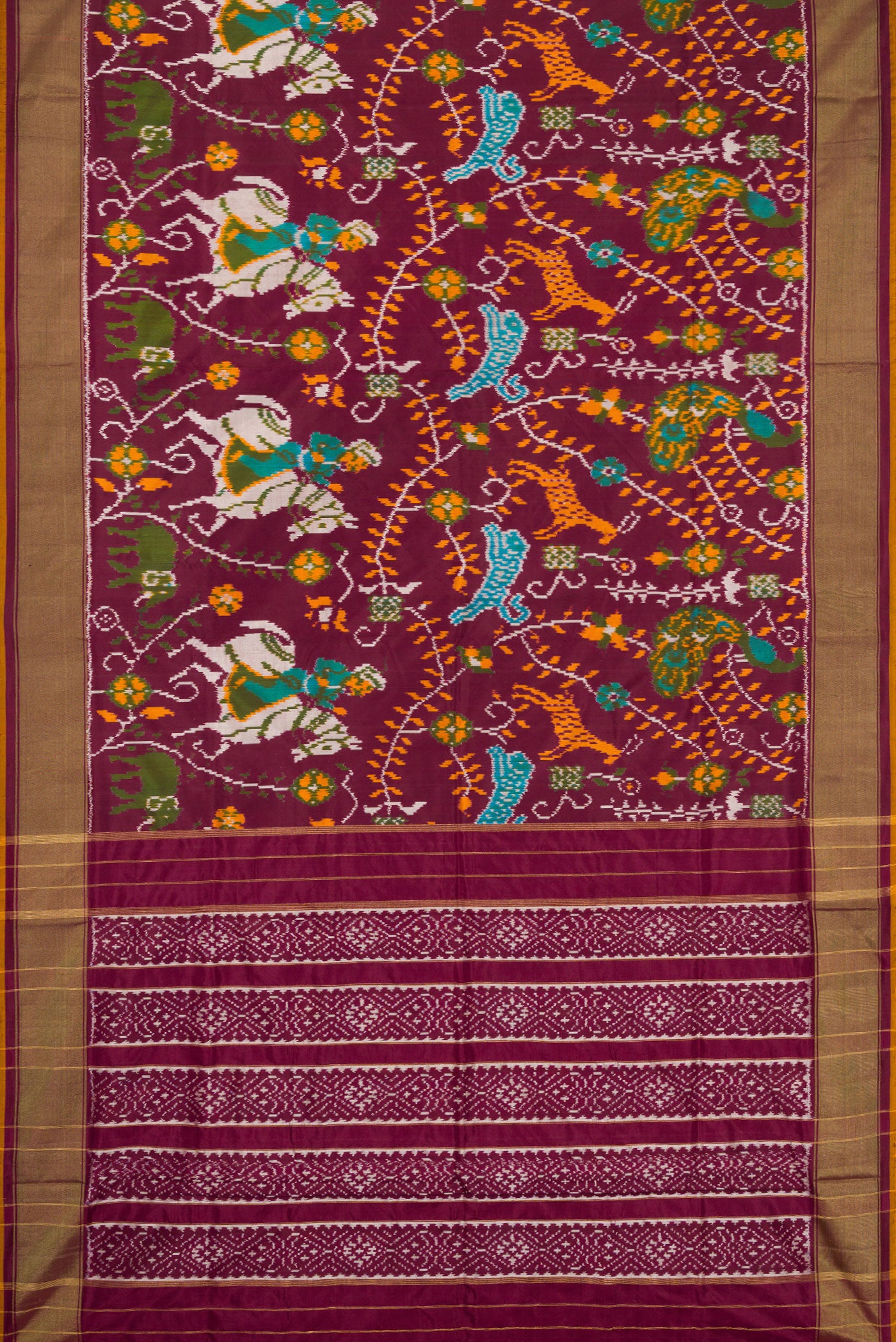 Flat view of Coffee Brown Dual Tone Double Ikat Saree with Ikat Print on the body and Zari Border. 