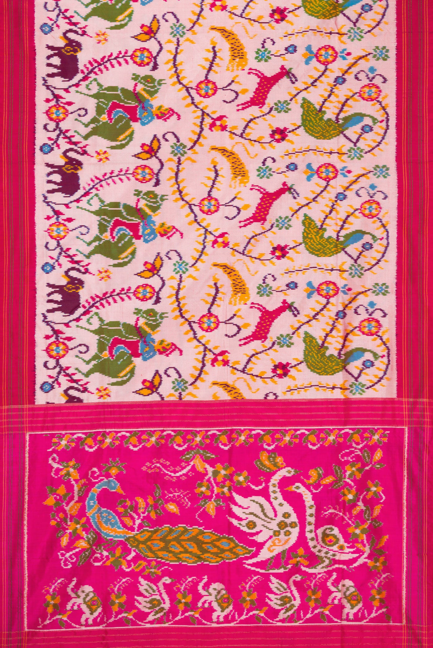 Flat view of Pink Dual Tone Double Ikat Saree with Ikat Print on the body and Thread Border. 