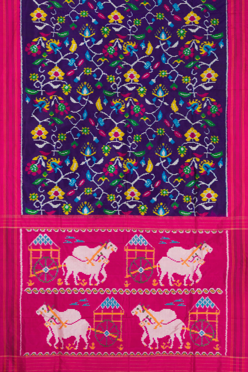 Flat view of Violet Dual Tone Double Ikat Saree with Ikat Print on the body and Thread Border. 