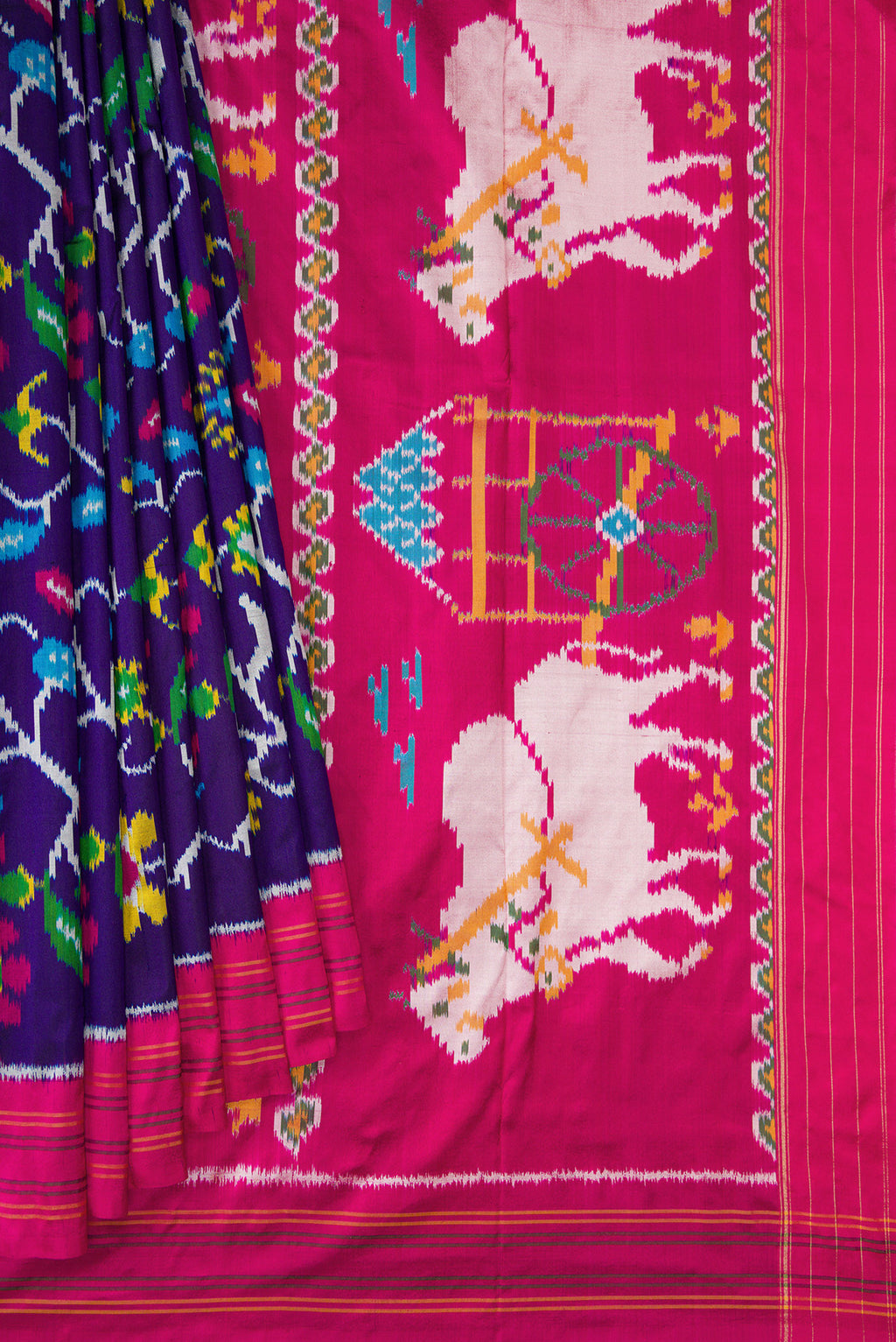 Pleats and pallu of Violet Dual Tone Double Ikat Saree with Ikat Print on the body and Thread Border. 