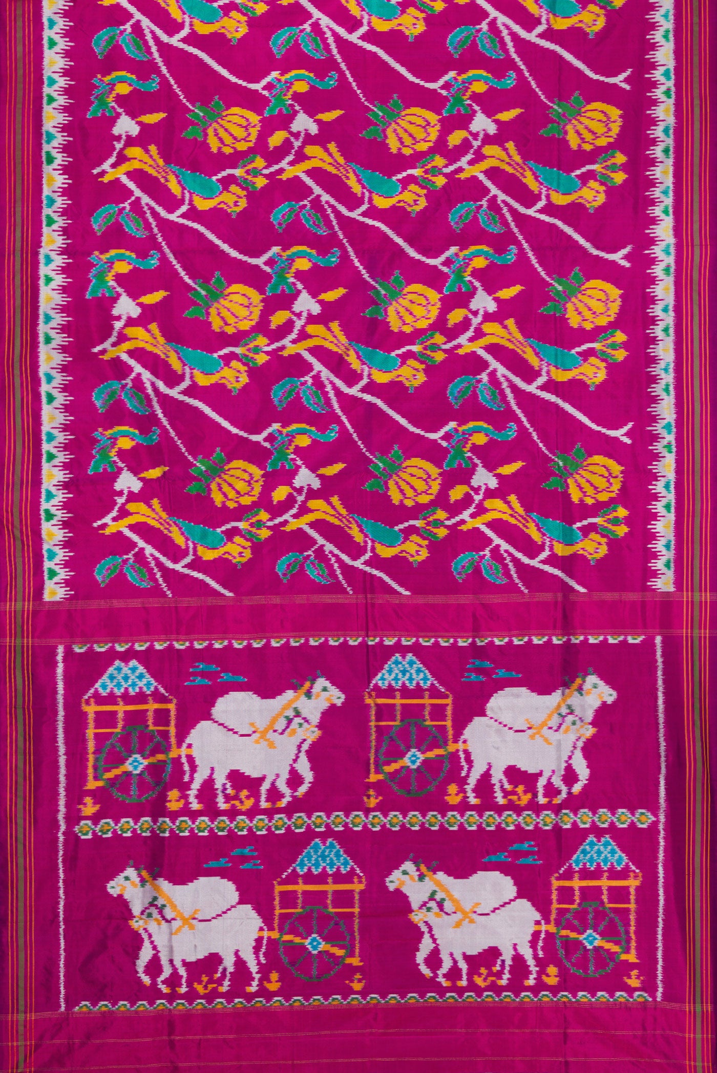 Flat view of Magenta Dual Tone Double Ikat Saree with Ikat Print on the body and Ikat Border. 
