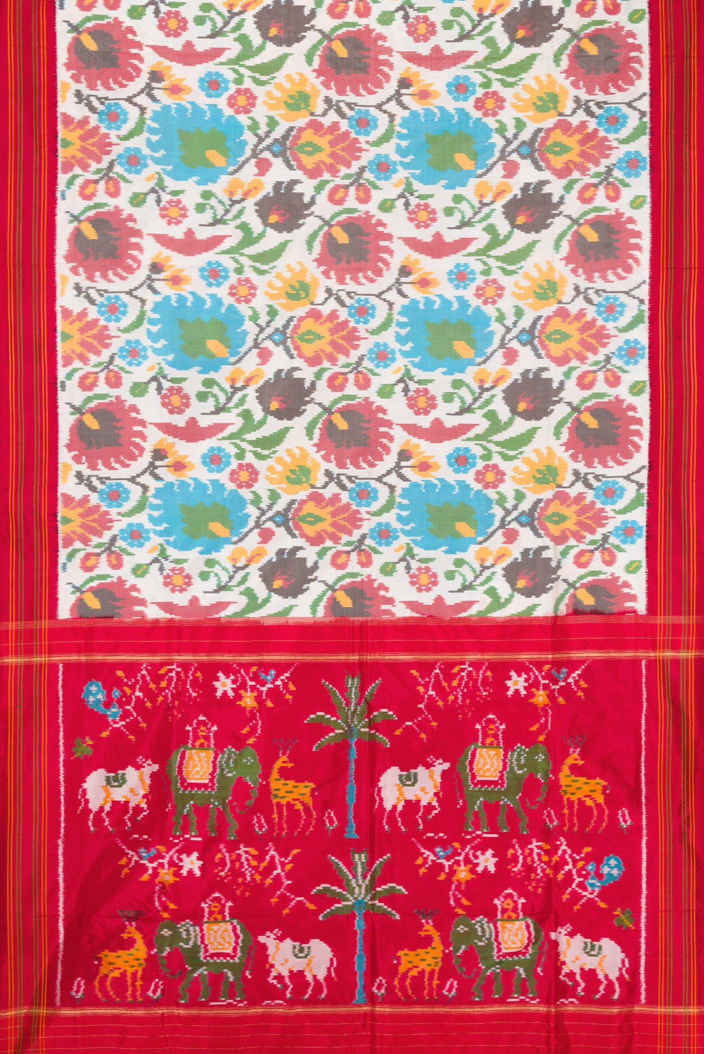 Flat view of White Dual Tone Double Ikat Saree with Ikat Print on the body and Thread Border. 