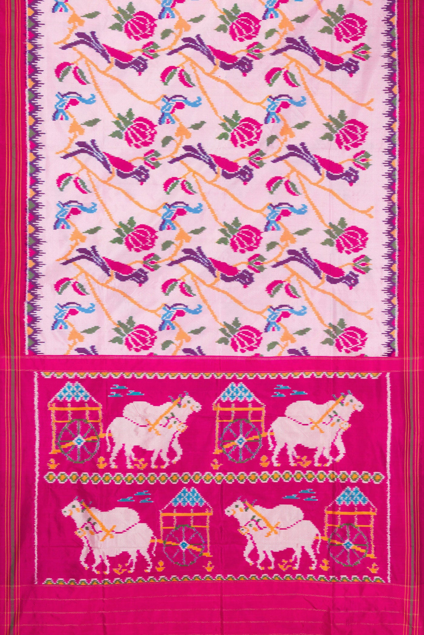 Flat view of Pink Dual Tone Double Ikat Saree with Ikat Print on the body and Ikat Border. 