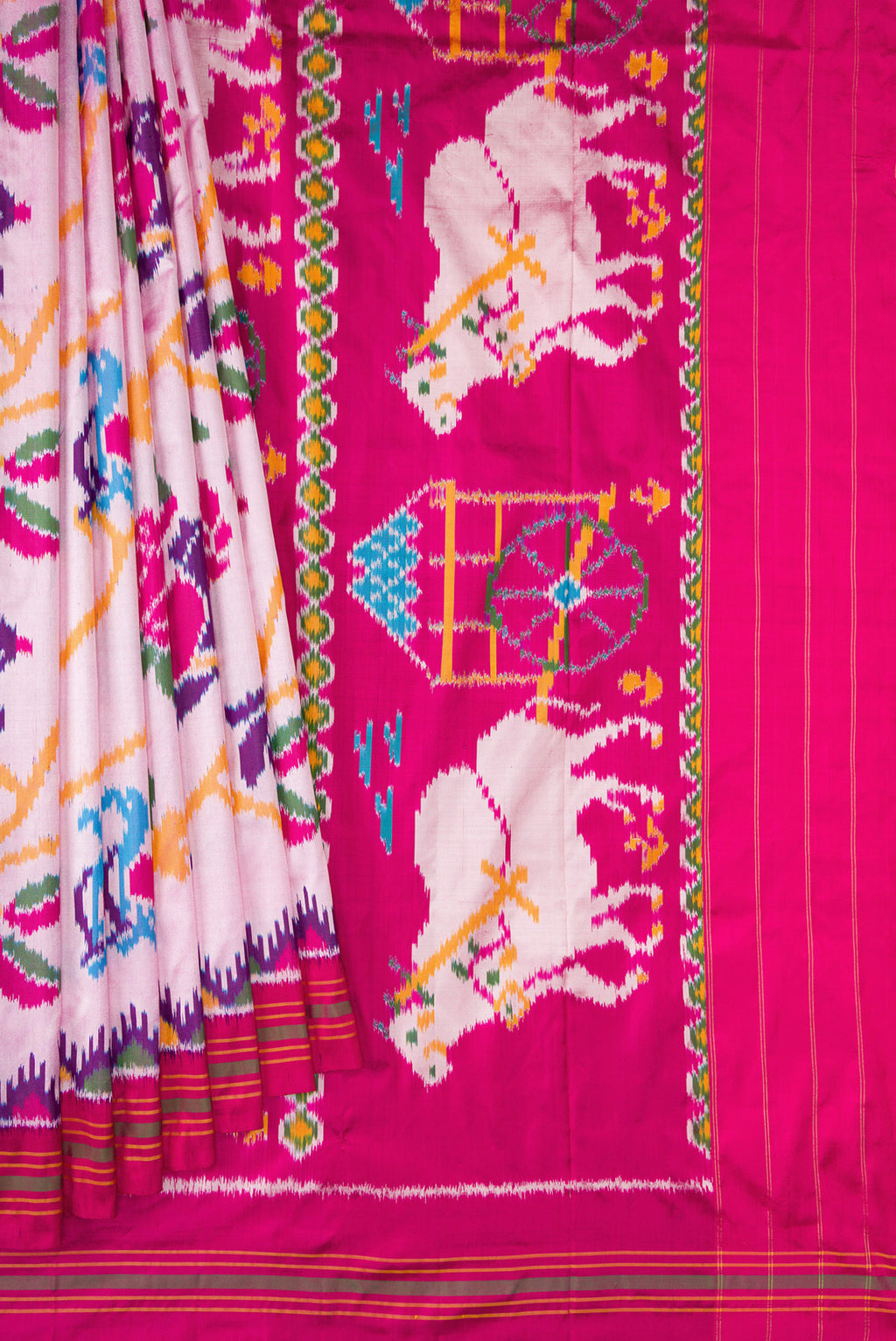 Pleats and pallu of Pink Dual Tone Double Ikat Saree with Ikat Print on the body and Ikat Border. 