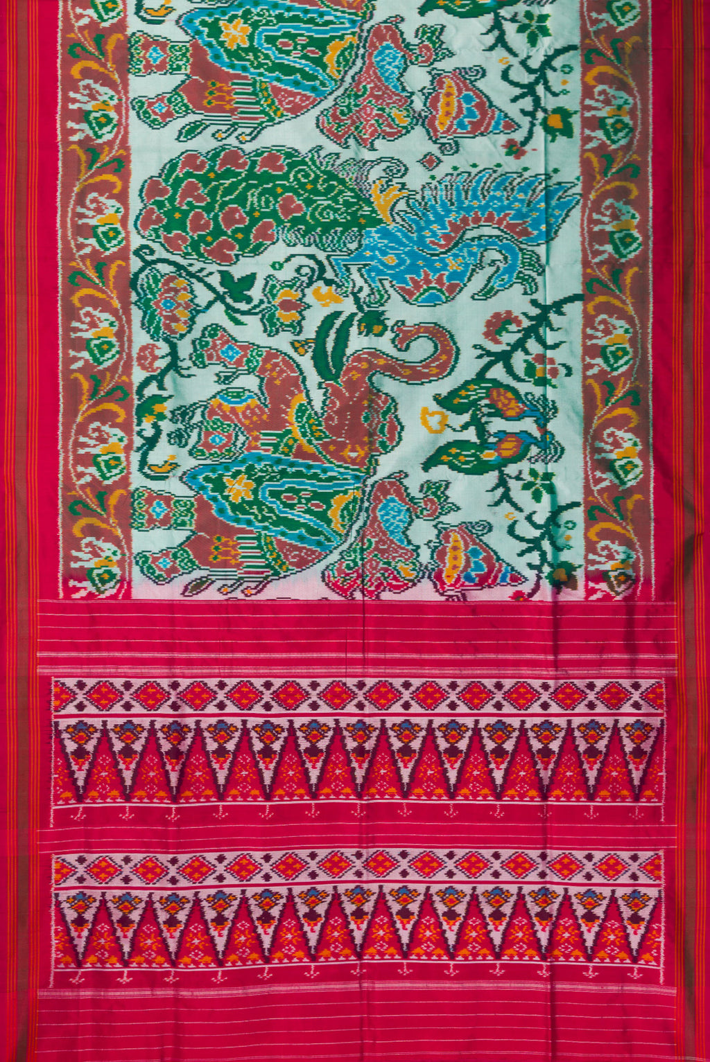 Flat view of Pista Green Dual Tone Double Ikat Saree with Ikat Print on the body and Ikat Border. 