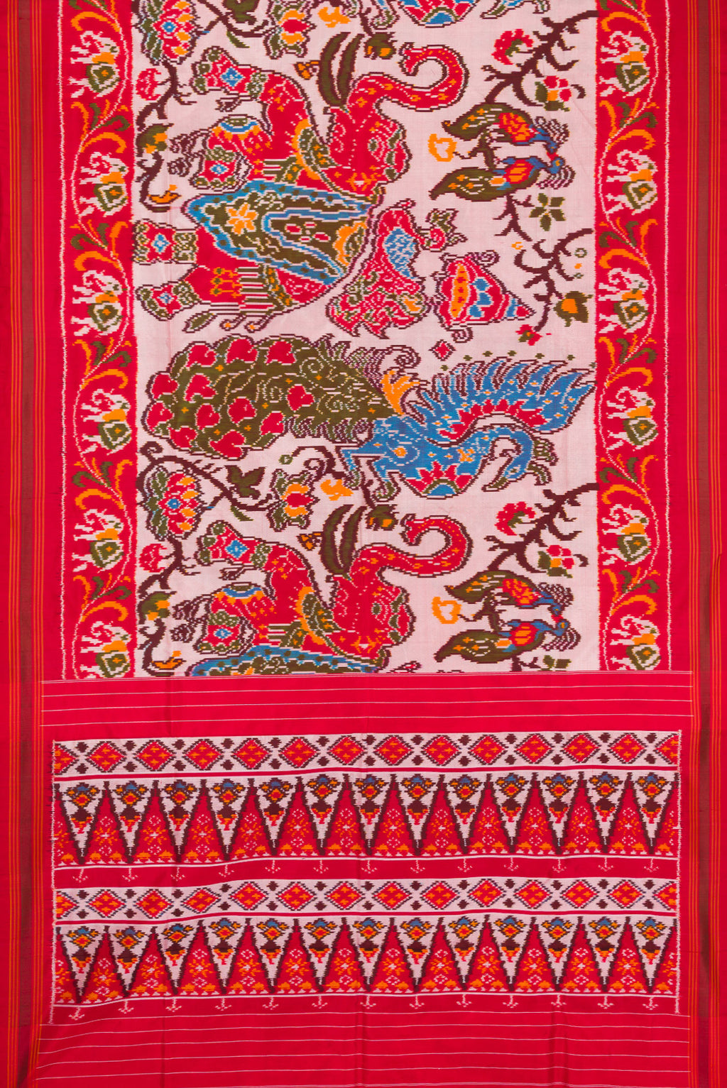 Flat view of Mustard Dual Tone Double Ikat Saree with Ikat Print on the body and Ikat Border. 