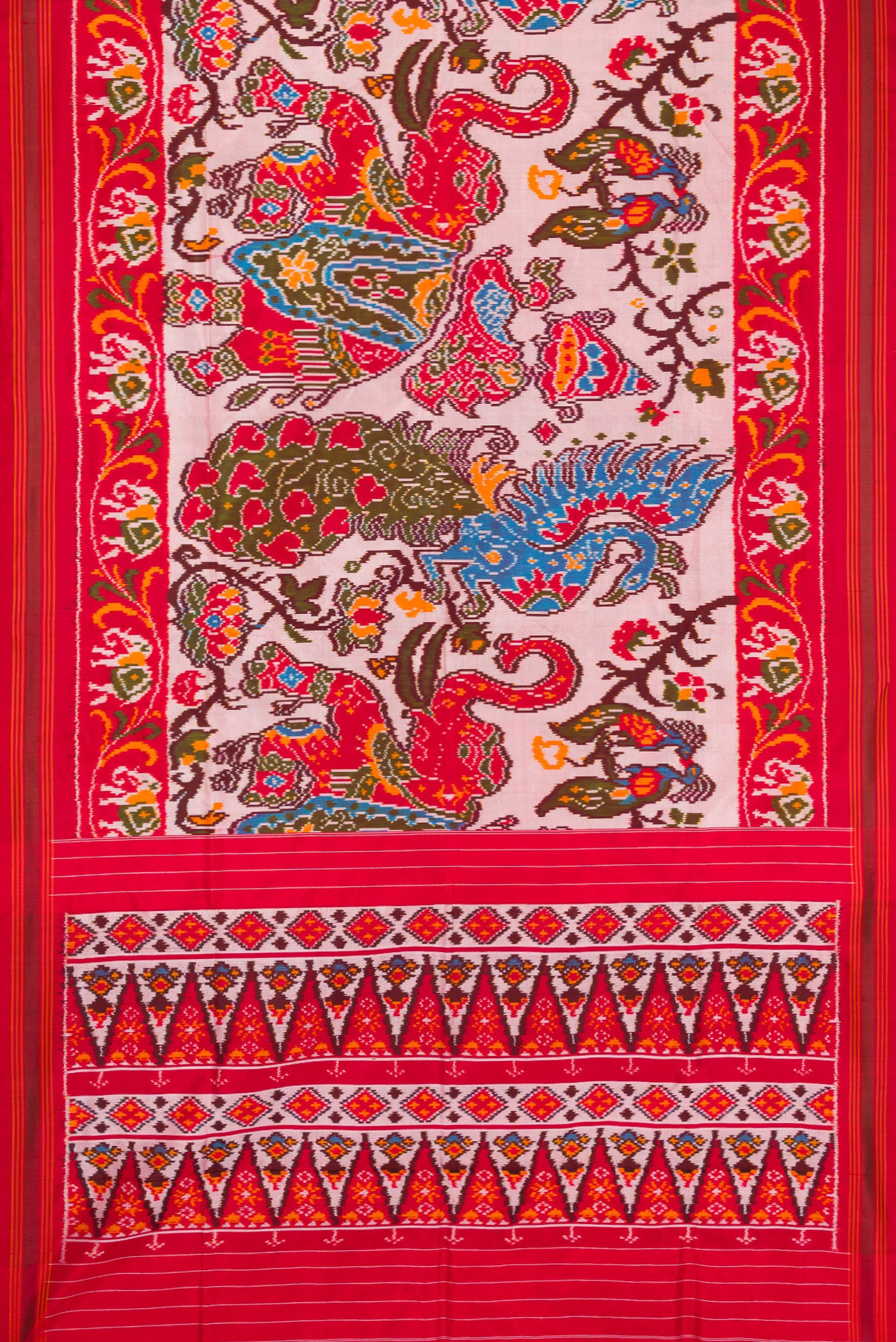 Flat view of Mustard Dual Tone Double Ikat Saree with Ikat Print on the body and Ikat Border. 