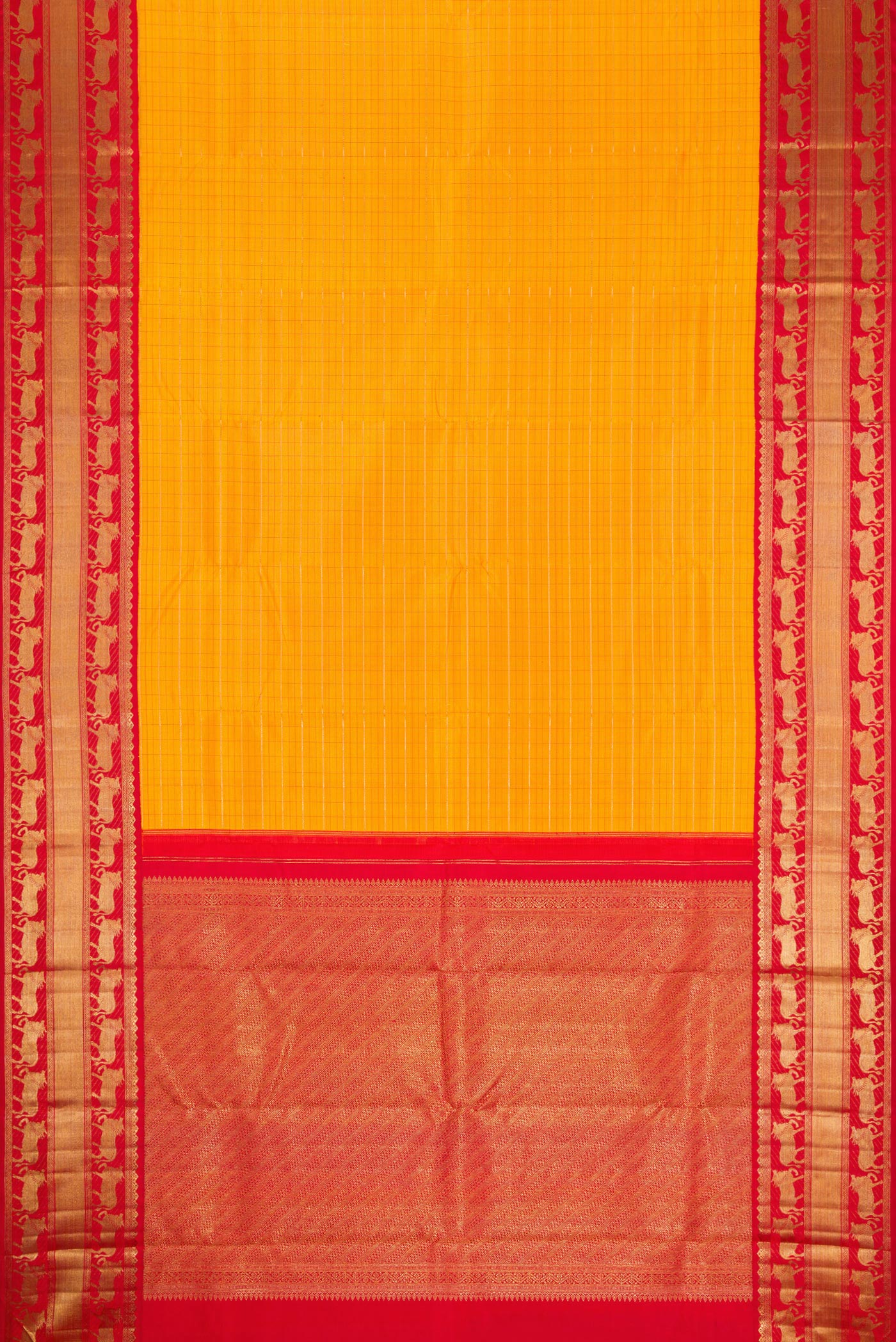Flat view of Pure Silk Pure Zari Mustard Dual Tone Kanchipuram Saree with Checked design on the body and Fancy Border. 