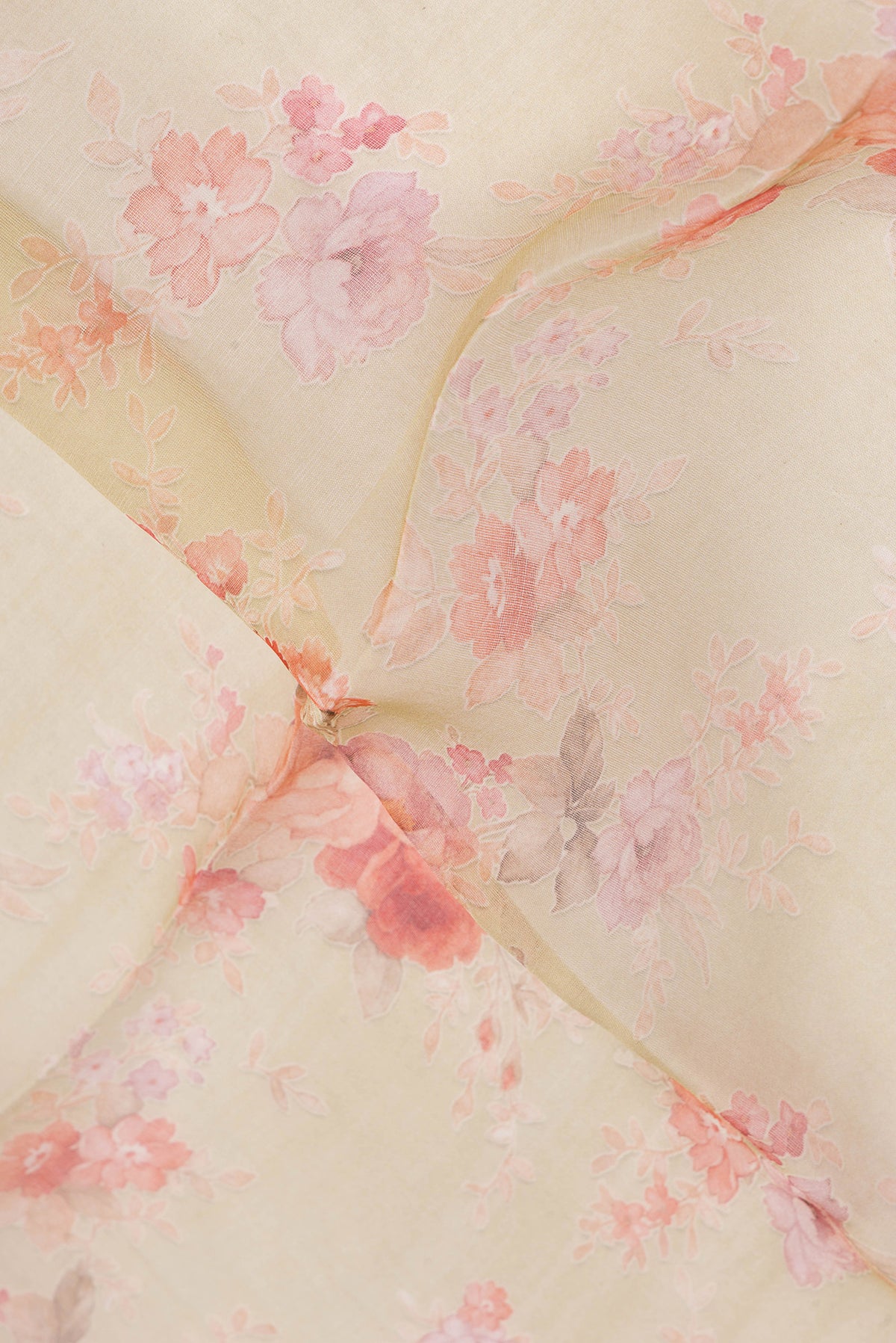 Close up of Sandal Organza Silk Saree with Printed design on the body and Without Border.  displaying folds