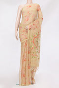 Sandal Organza Silk Saree with Printed design on the body and Without Border.  displayed on a mannequin
