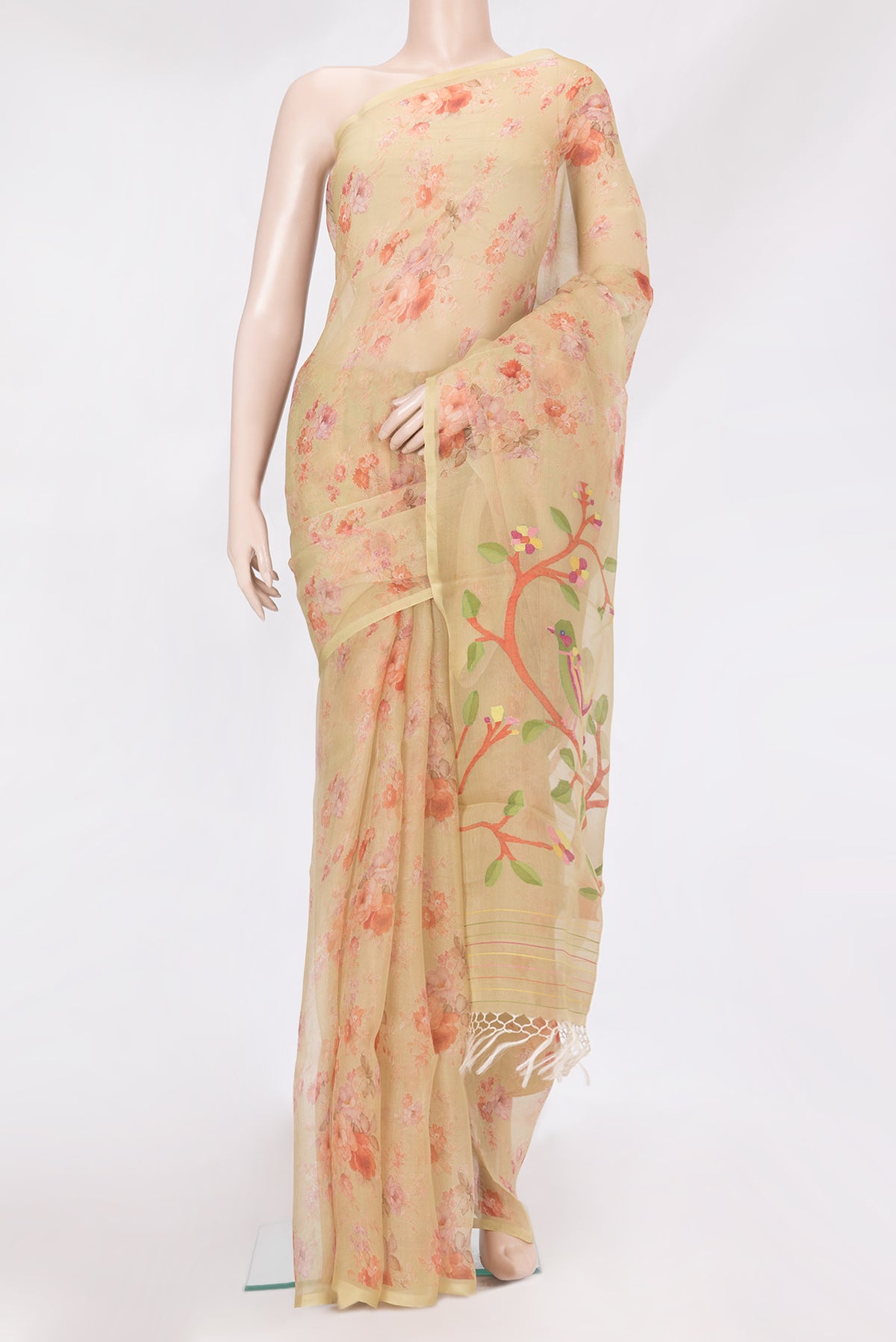 Sandal Organza Silk Saree with Printed design on the body and Without Border.  displayed on a mannequin