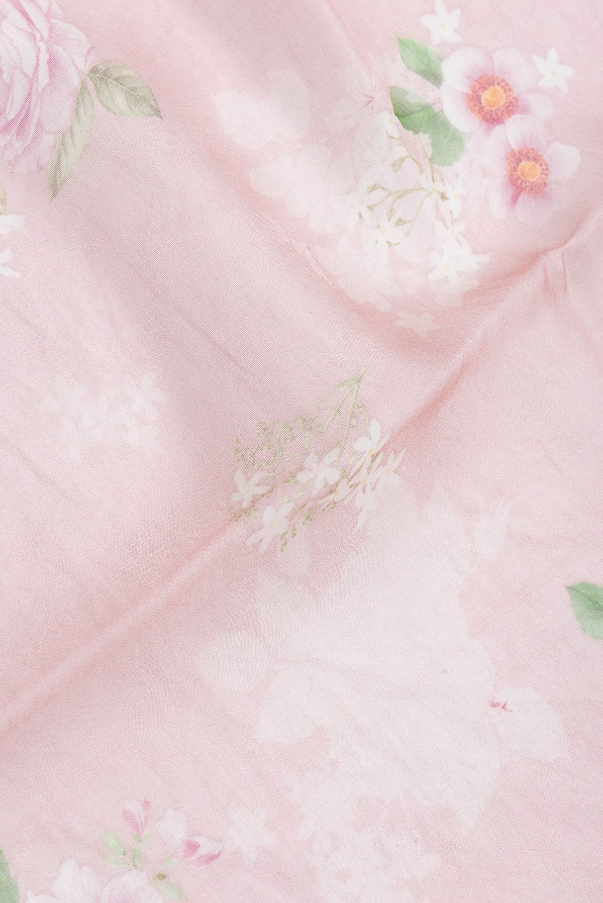 Close up of Rose Gold Dual Tone Tussar Silk Saree with Printed design on the body and Zari Border.  displaying folds