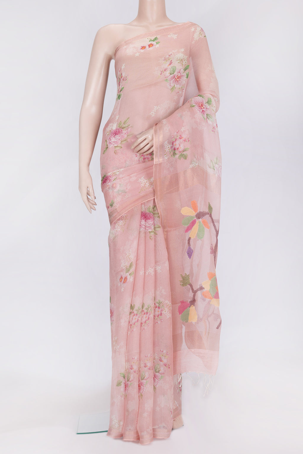 Rose Gold Dual Tone Tussar Silk Saree with Printed design on the body and Zari Border.  displayed on a mannequin