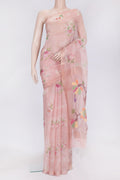 Rose Gold Dual Tone Tussar Silk Saree with Printed design on the body and Zari Border.  displayed on a mannequin