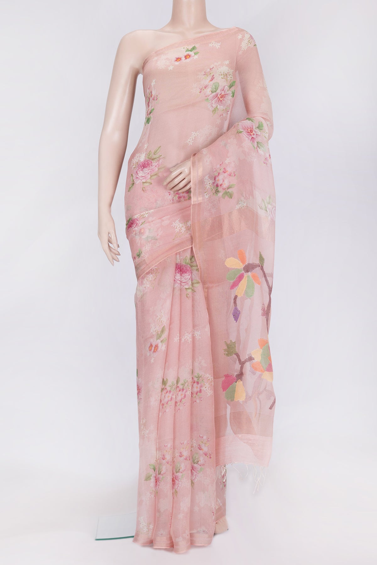 Rose Gold Dual Tone Tussar Silk Saree with Printed design on the body and Zari Border.  displayed on a mannequin